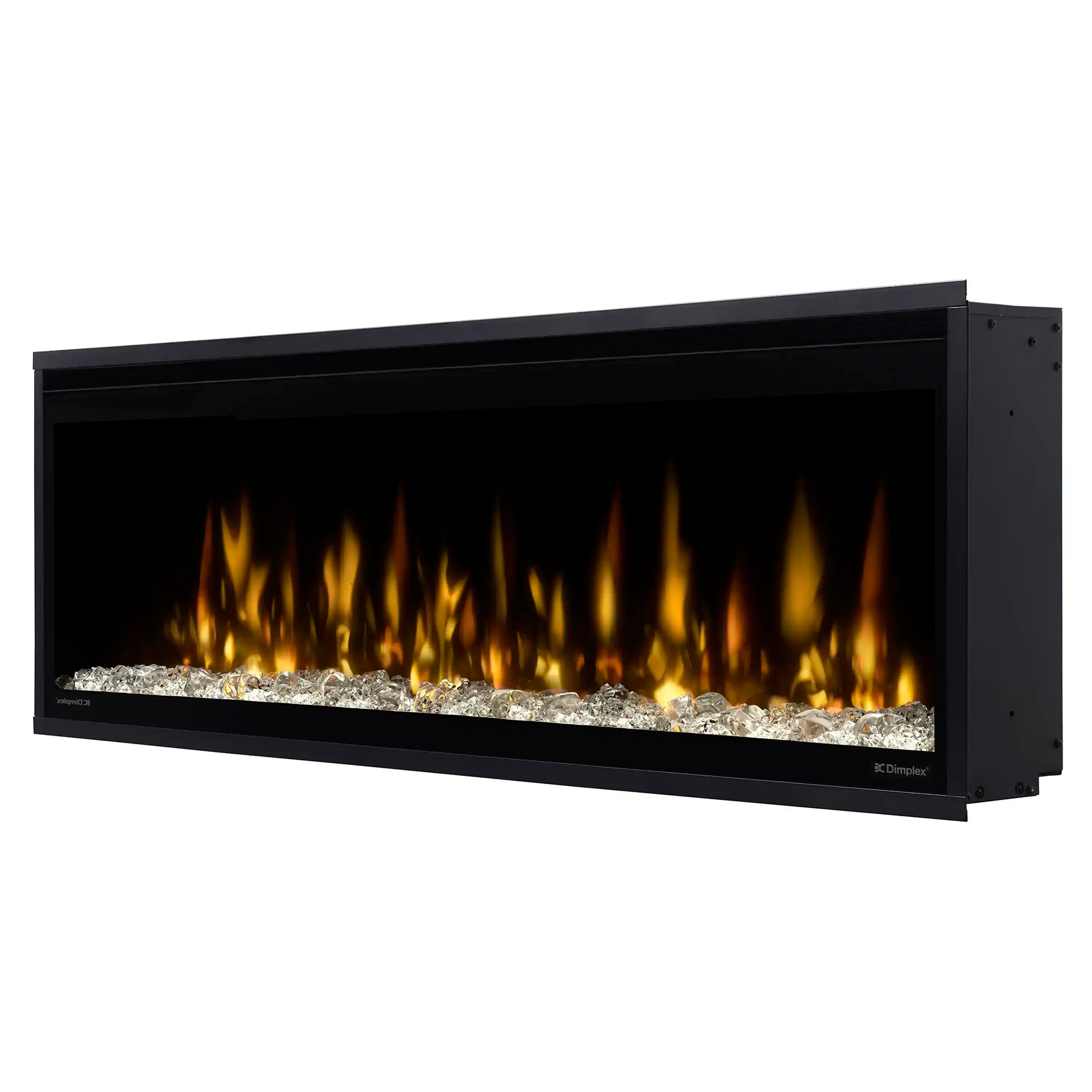 Black linear electric fireplace with glowing flames and light rock media, angled front view