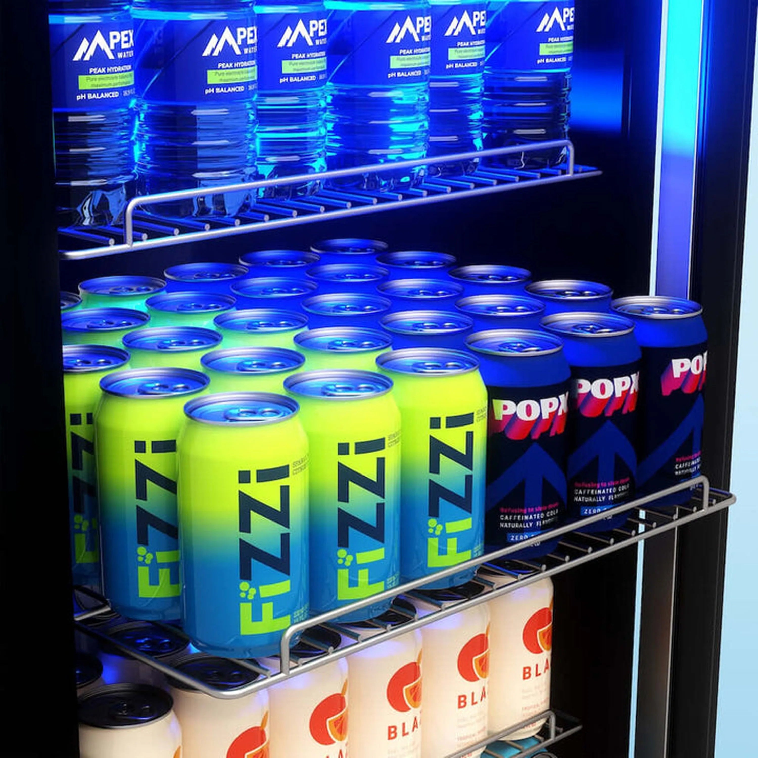 Beverage cooler interior with blue LED-lit shelves and assorted drink cans
