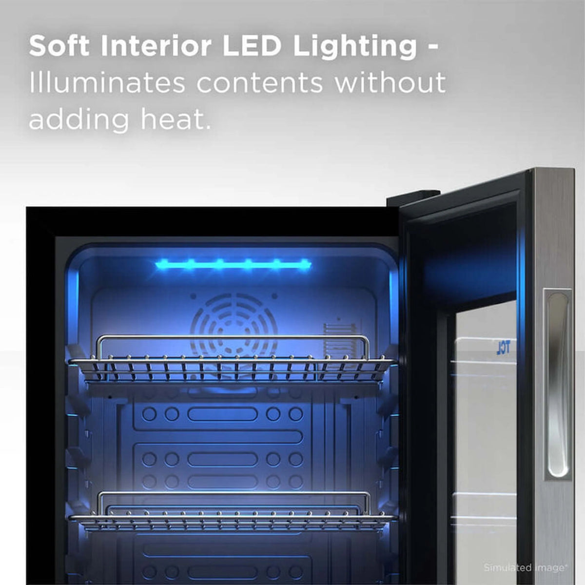 Beverage cooler interior with blue LED light and wire shelves behind the glass door.