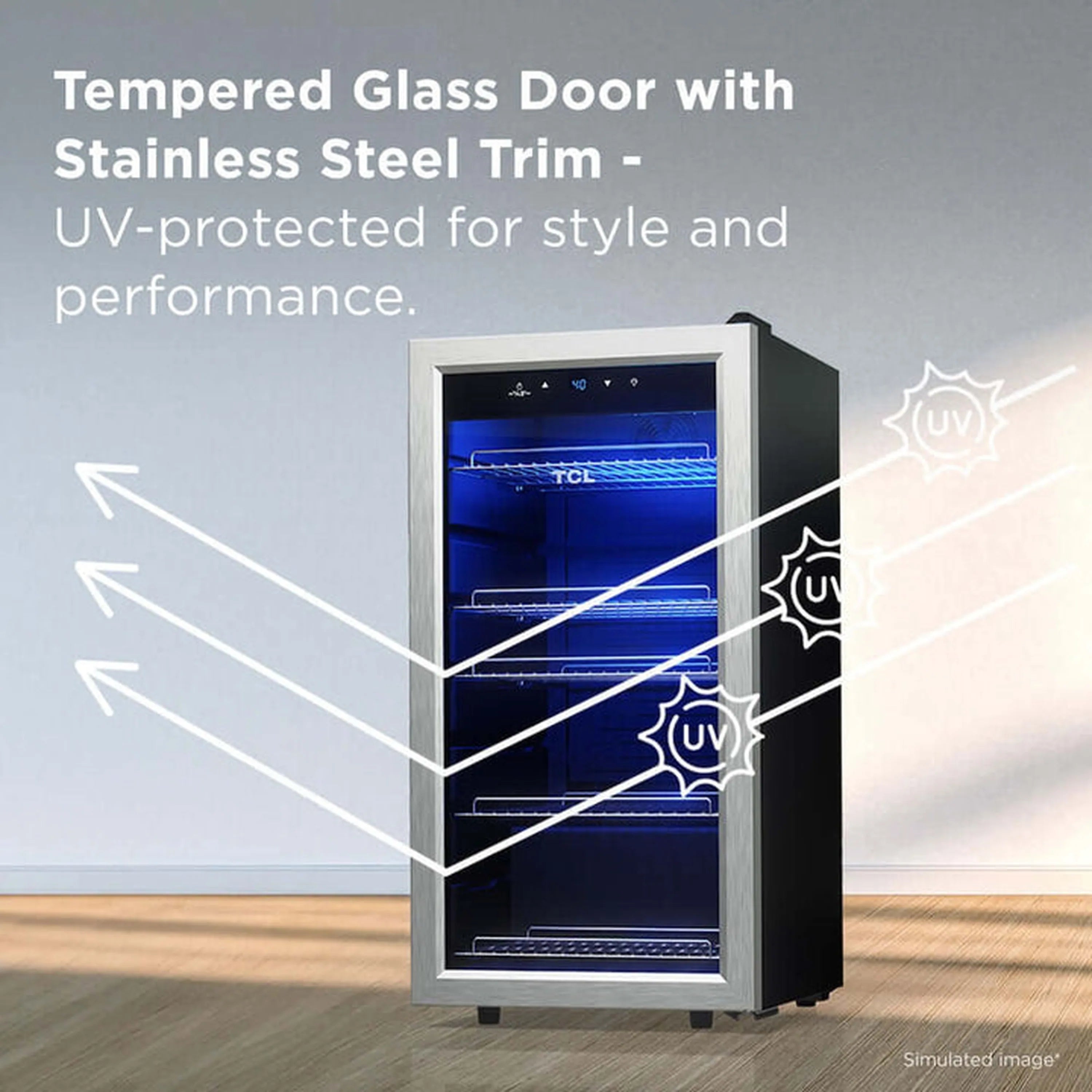 Freestanding beverage cooler with tempered glass door, stainless trim and blue LED display