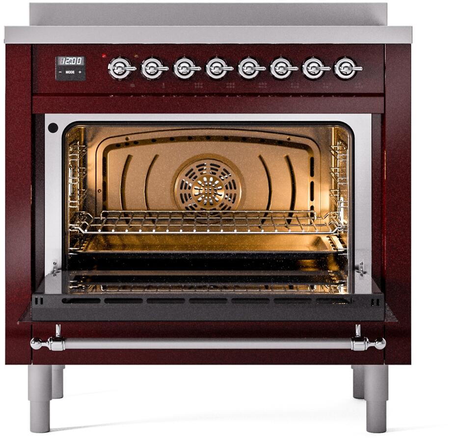 Burgundy electric induction range oven open view with racks and fan behind door glass