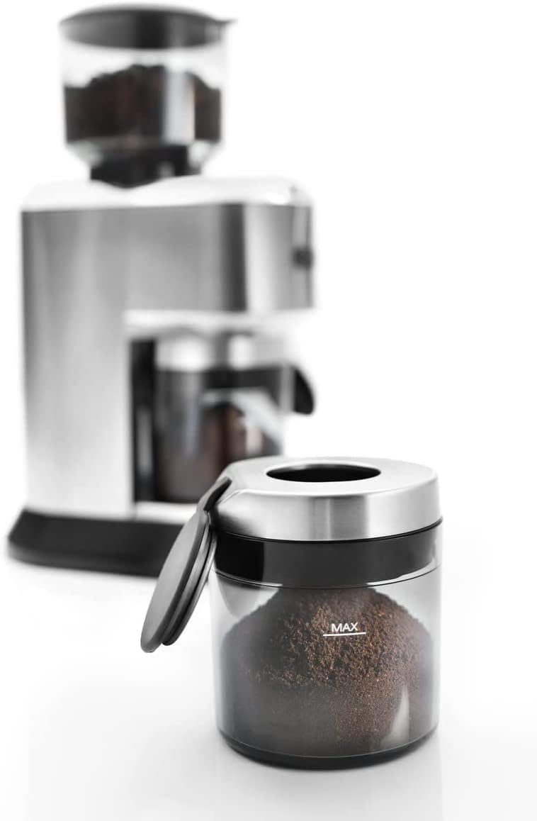 De'Longhi Dedica coffee grinder with small grounds container and MAX marking, front angle