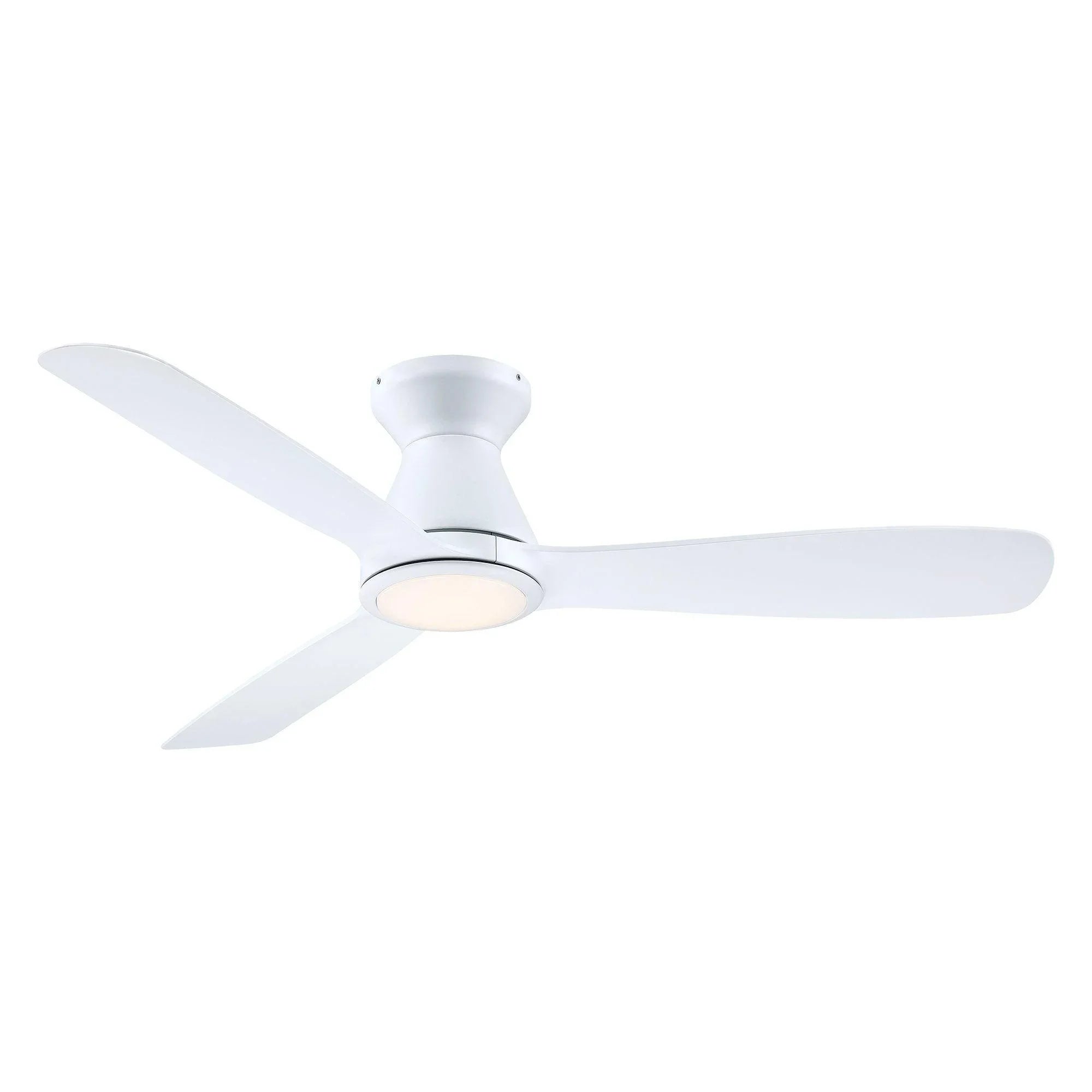 White flush-mount ceiling fan with integrated LED light, three-blade design.
