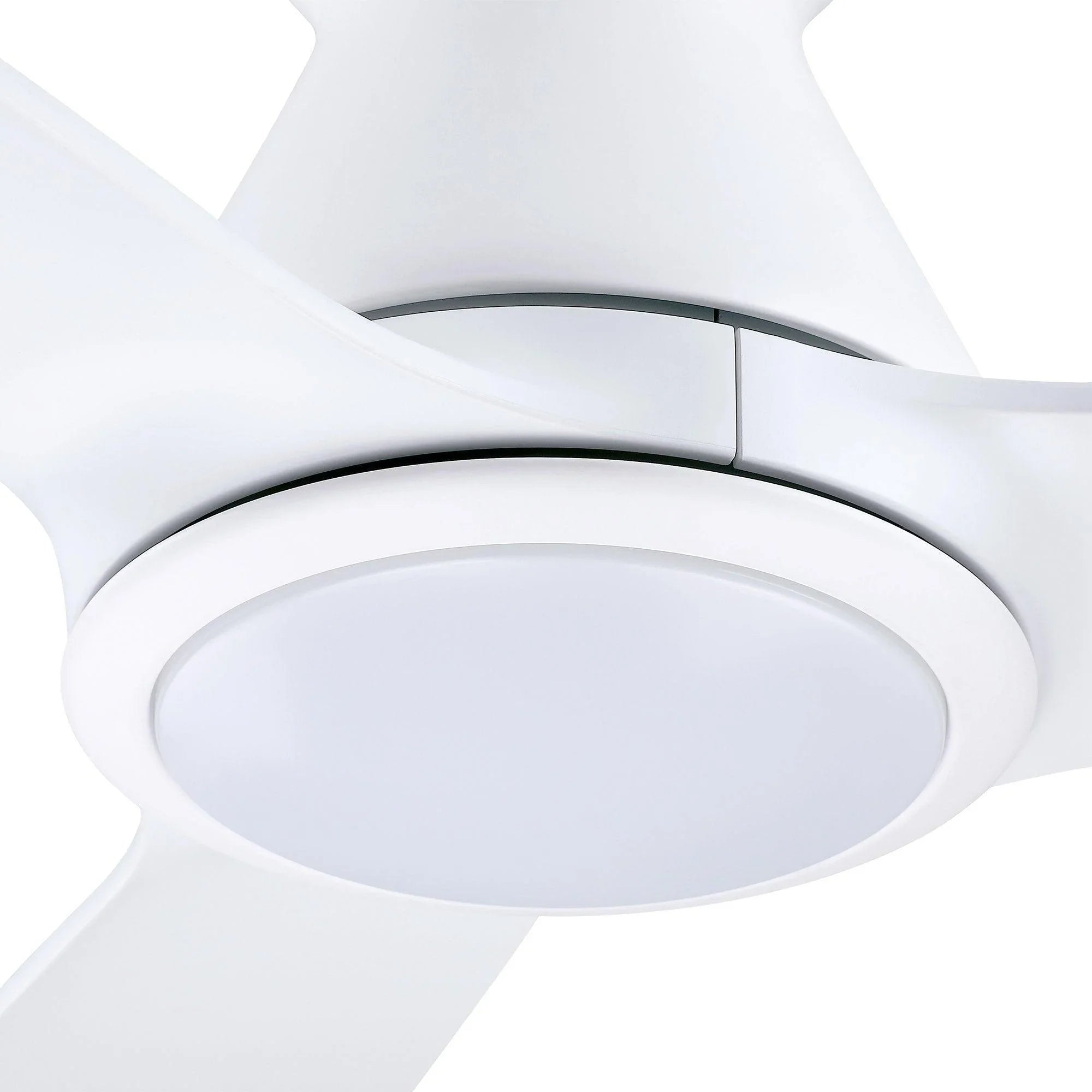 Close-up of white flush-mount ceiling fan light housing with rim detail.