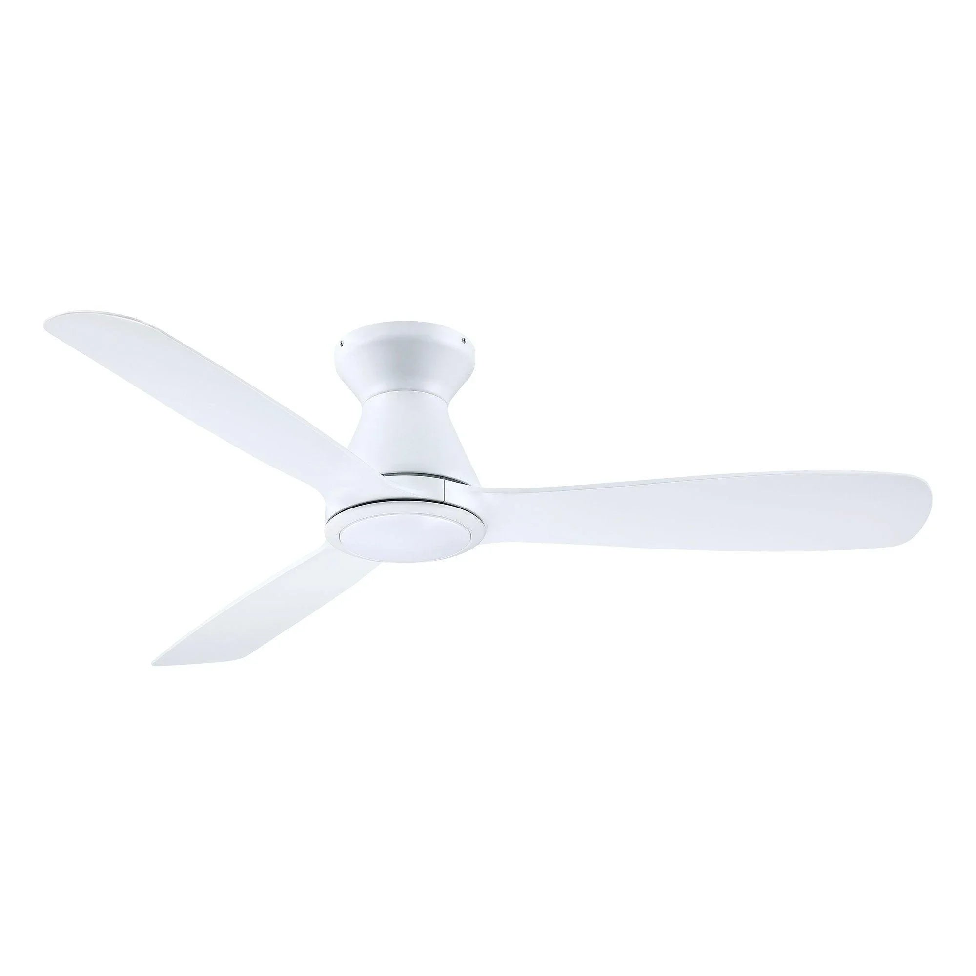 White flush-mount ceiling fan with integrated LED light and smooth blade edges.
