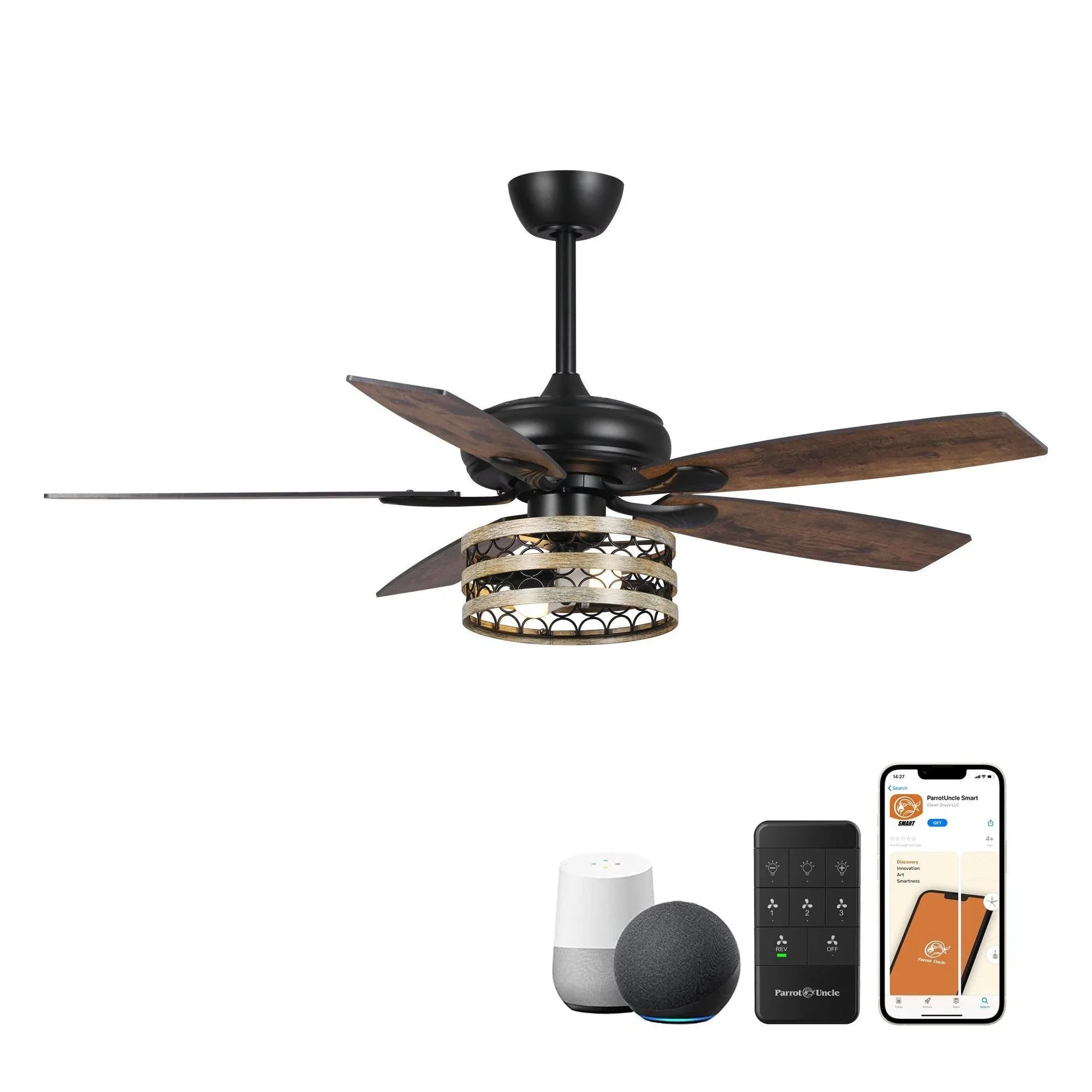 Black smart ceiling fan with dark wood blades and decorative light kit