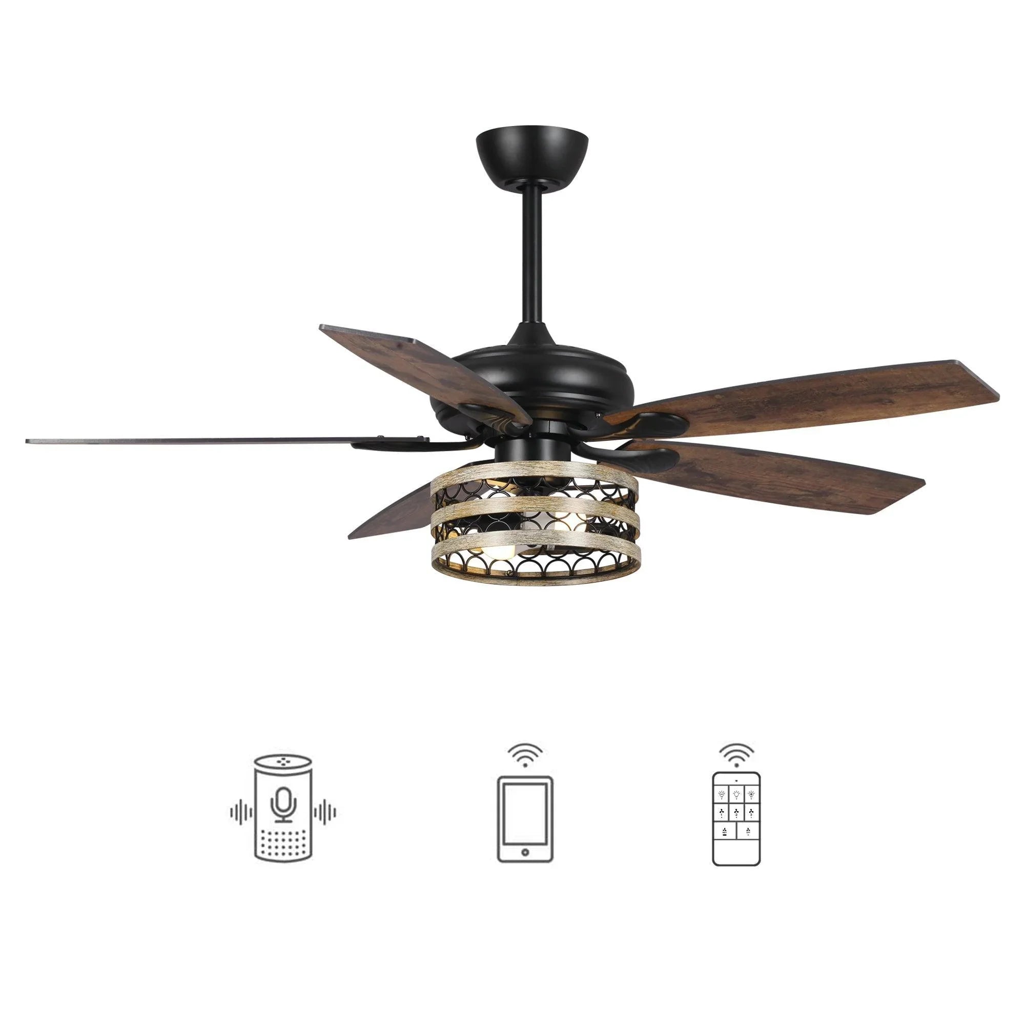 Black smart ceiling fan with light kit and wireless control icons