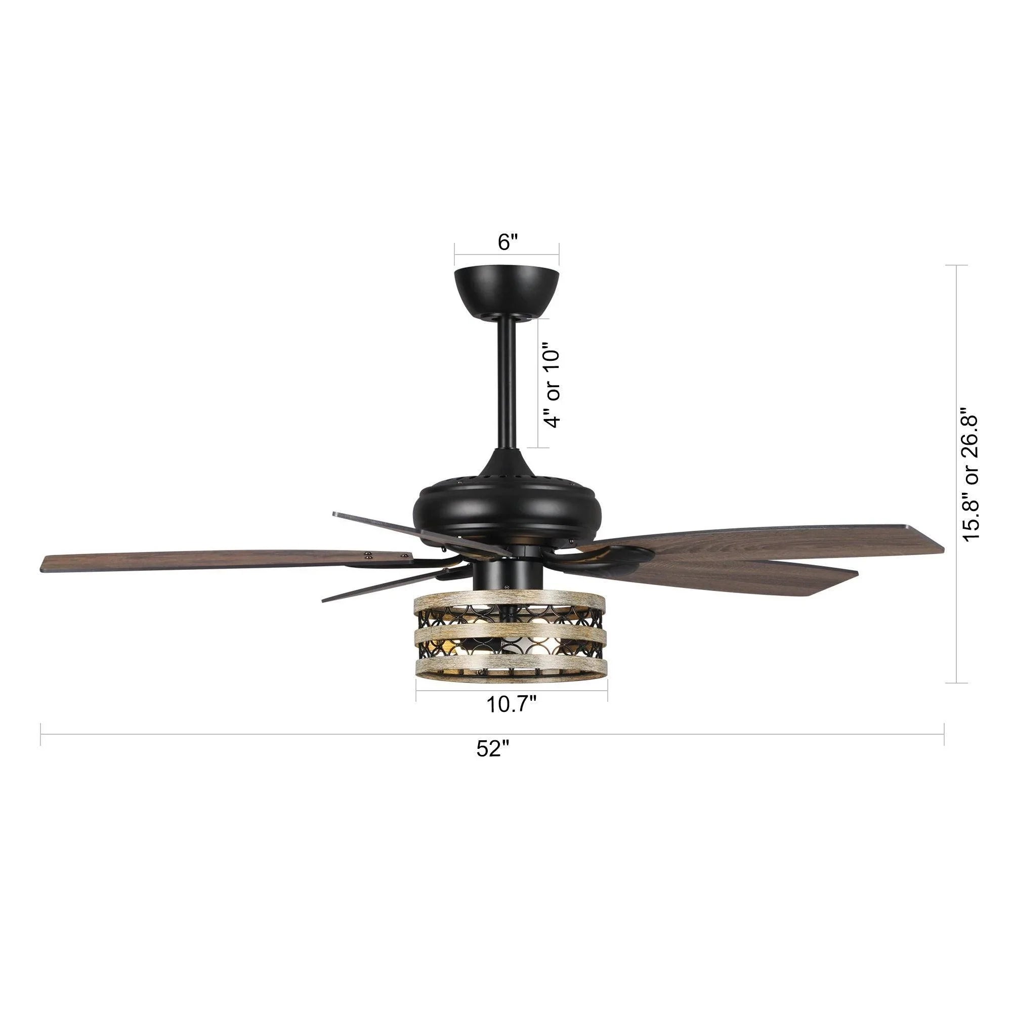 52 in black ceiling fan with light kit, showing height and blade span measurements