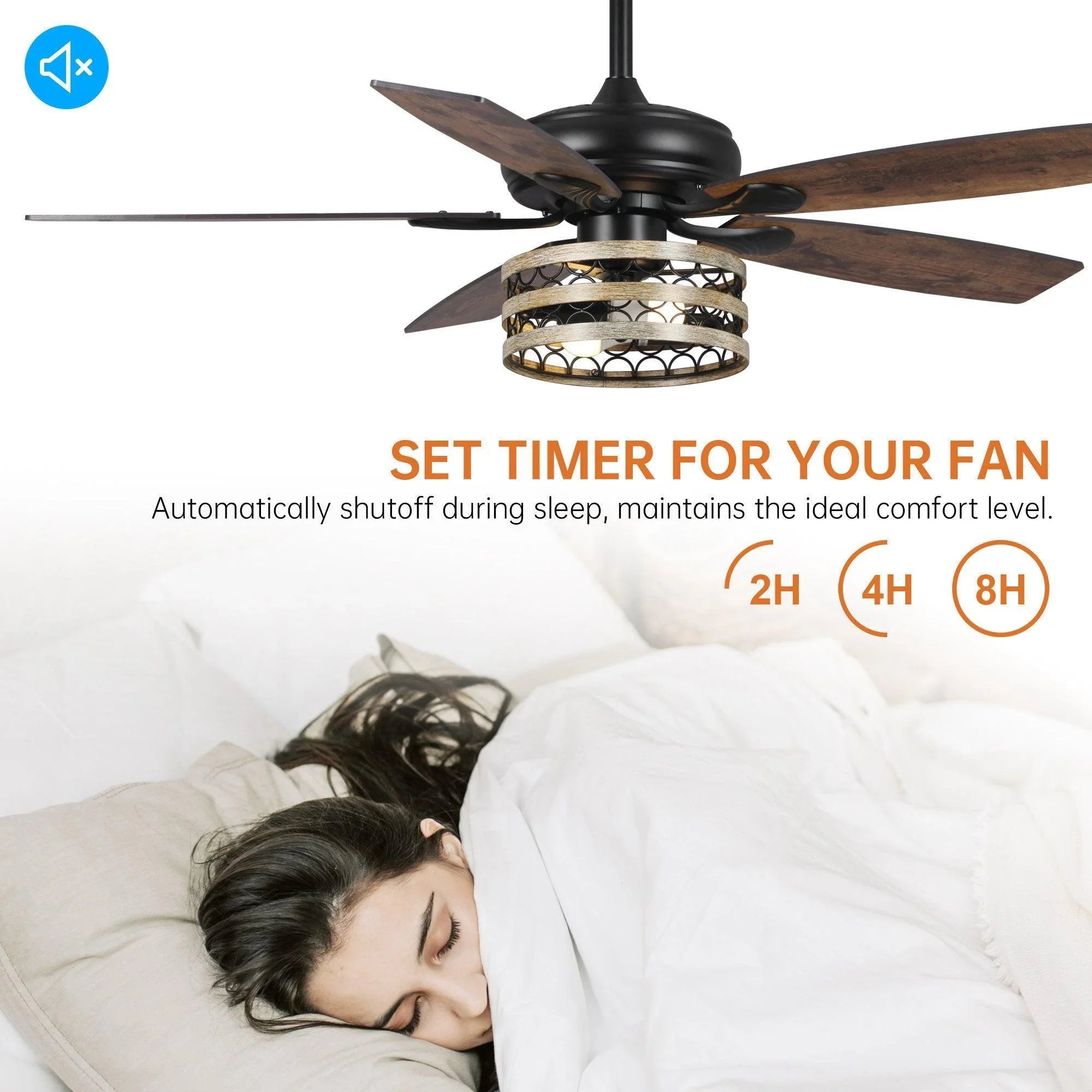 Black smart ceiling fan with light kit and timer indicators for 2h, 4h, and 8h