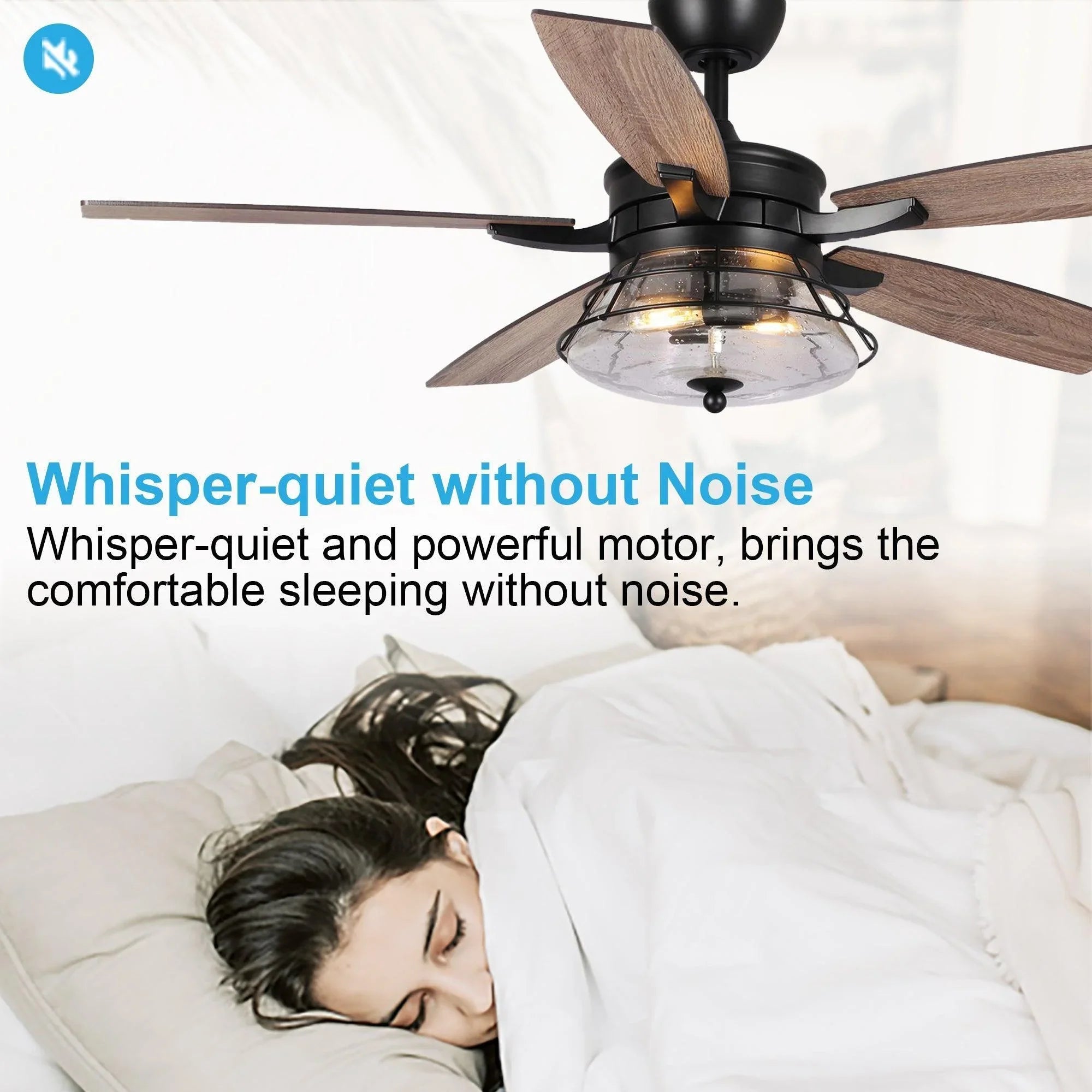 Black ceiling fan with wood blades and clear glass light dome