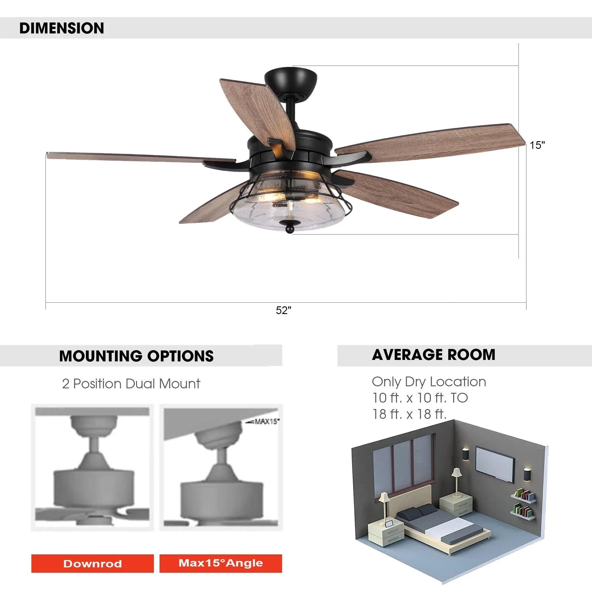 Black ceiling fan with four reversible wood-style blades and integrated light, 52 in.