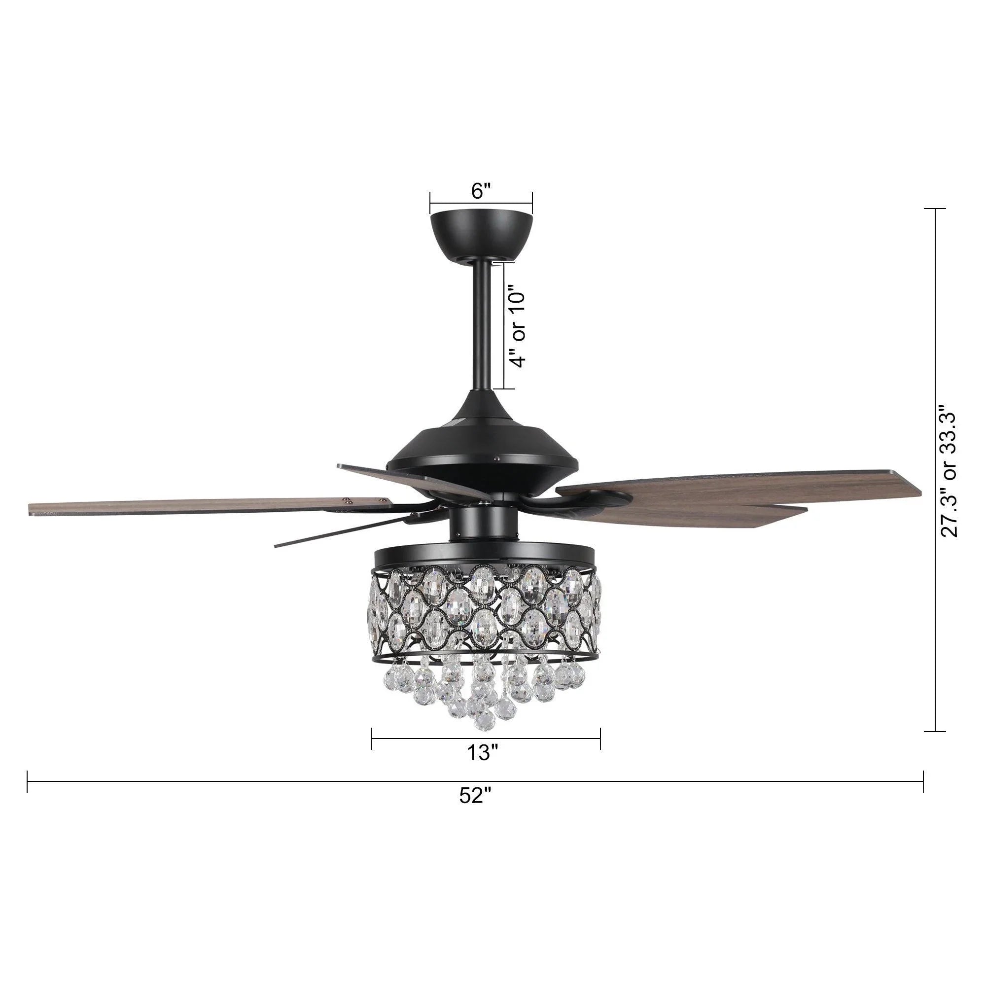 Black ceiling fan with crystal-style light kit and 52-inch reversible blades