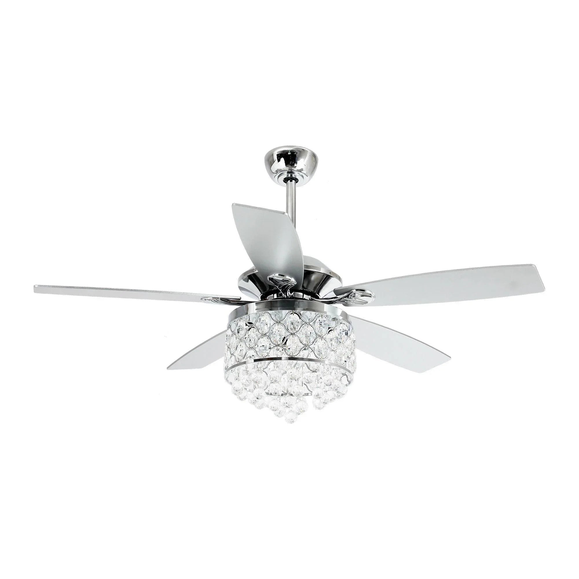 Chrome ceiling fan with clear crystal light shade and five blades