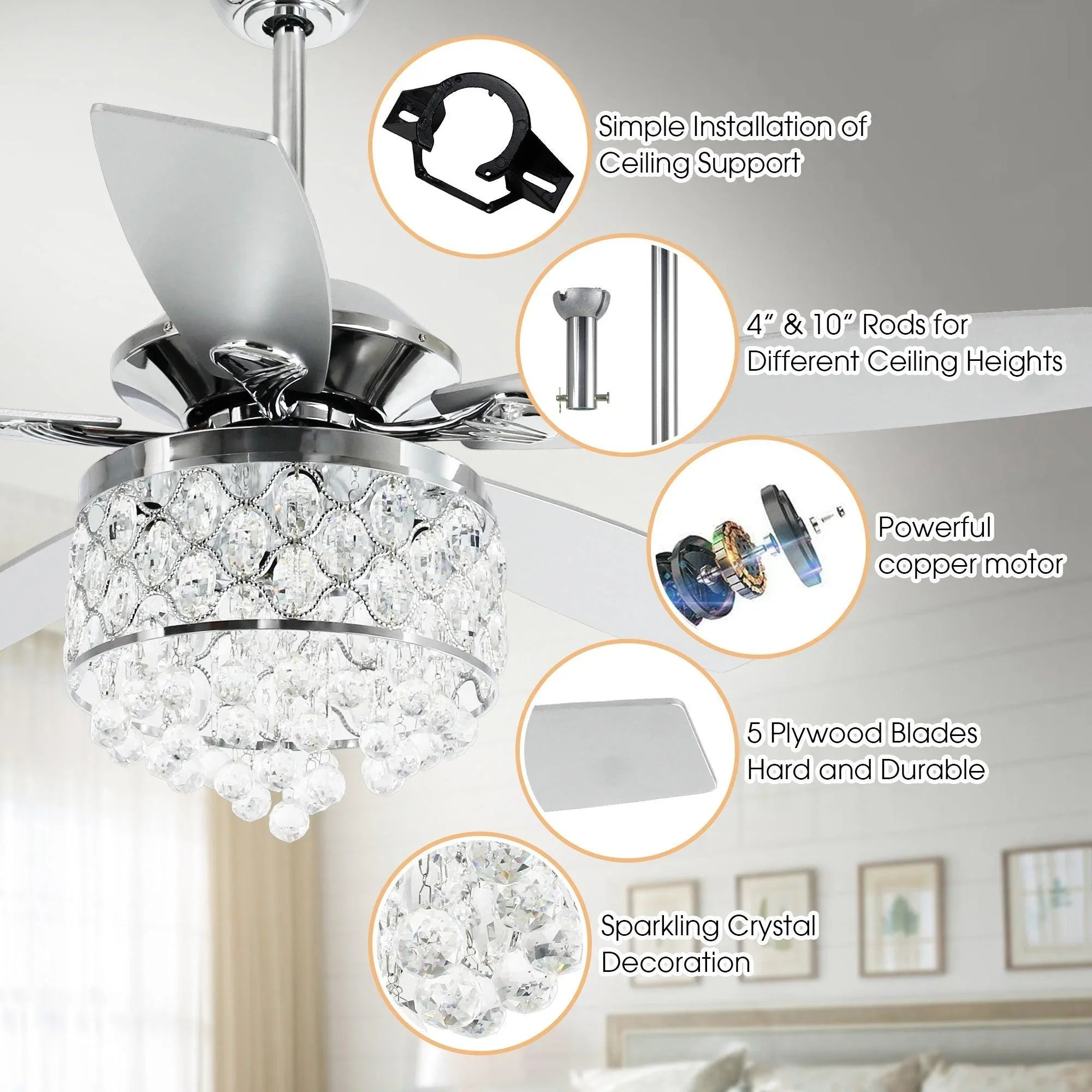 Chrome ceiling fan with sparkling crystal light and labeled installation feature circles