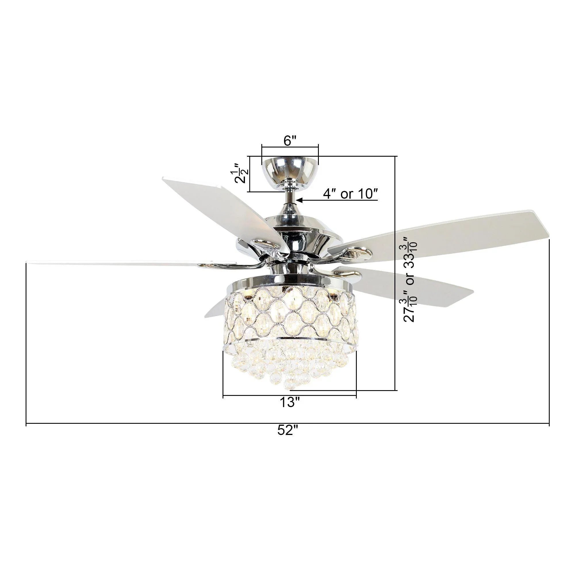 Chrome ceiling fan with crystal light shade and reversible blade design