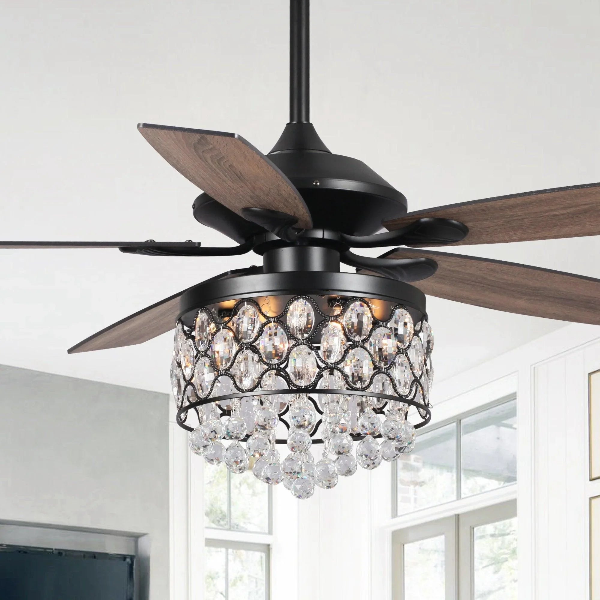 Black ceiling fan with crystal drum light and wood-look reversible blades