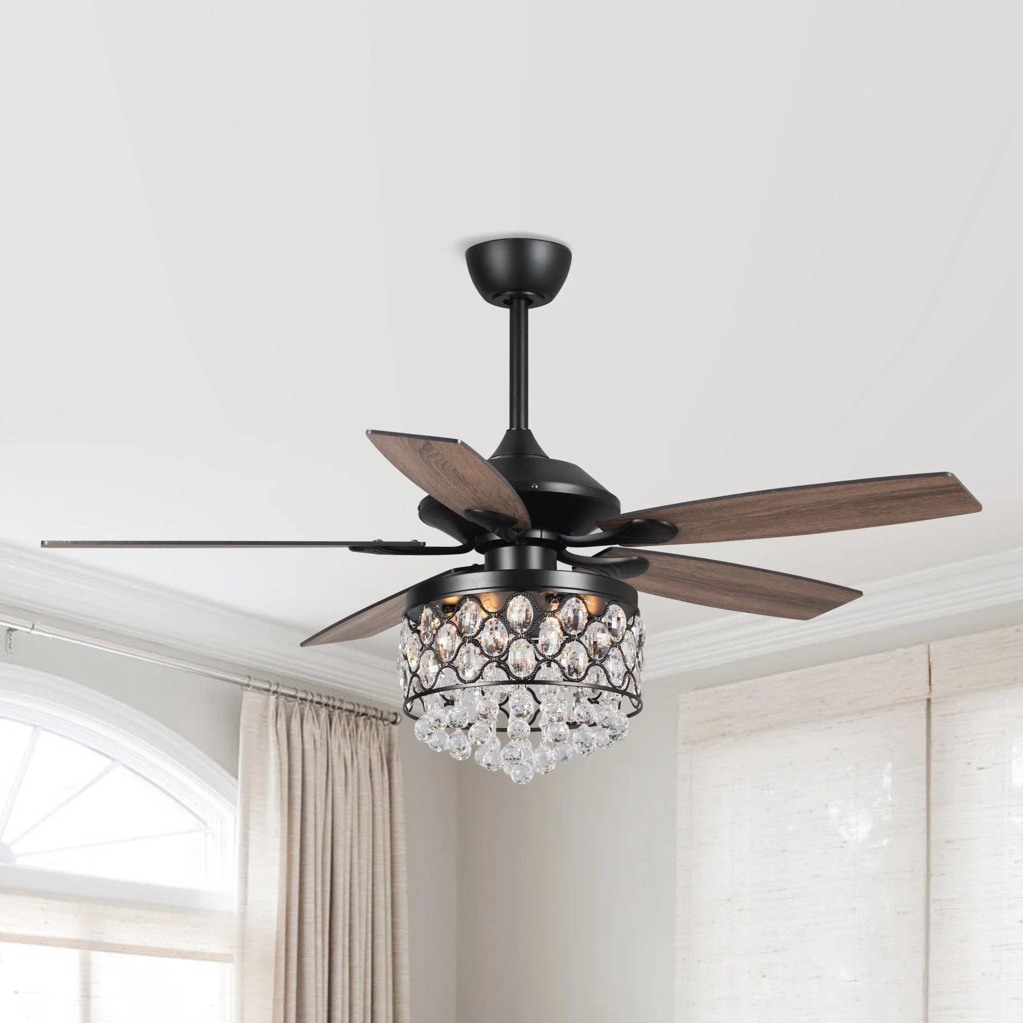 Black ceiling fan with crystal globe light and wide wooden blades