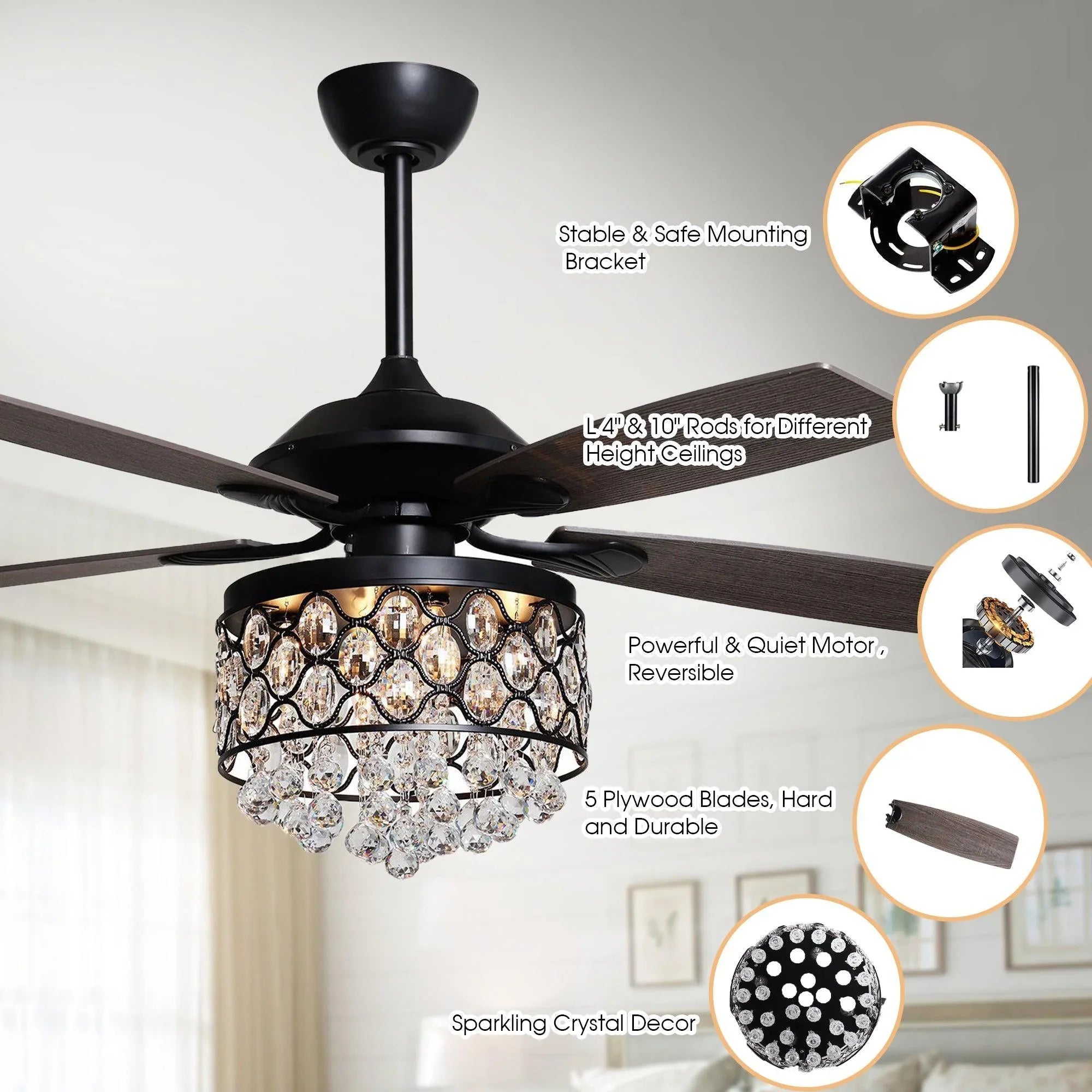 Black ceiling fan with crystal light kit and dark brown reversible blades