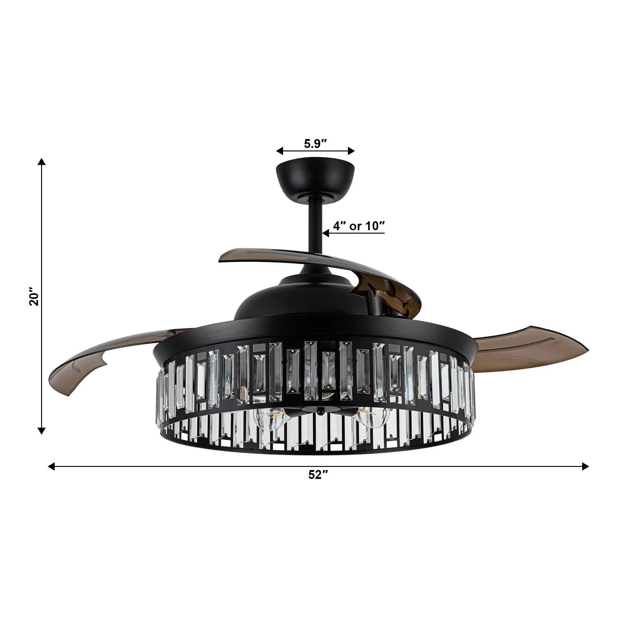 Ceiling fan light kit size diagram showing 52 in diameter and 20 in height