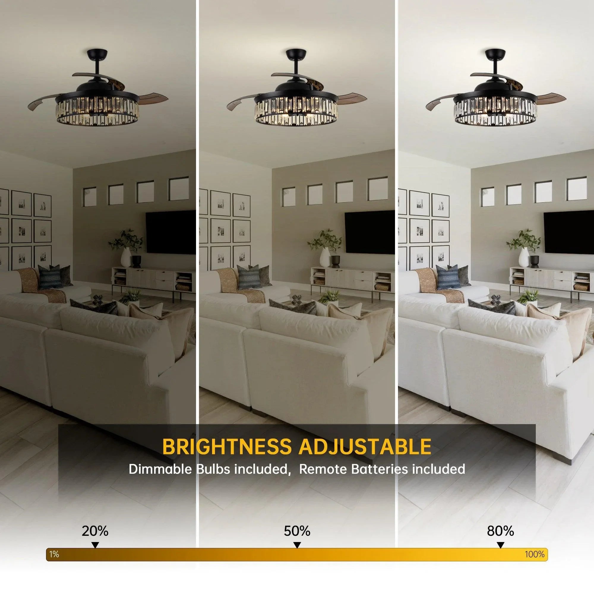 Black ceiling fan light kit brightness shown at 20%, 50%, and 80% levels