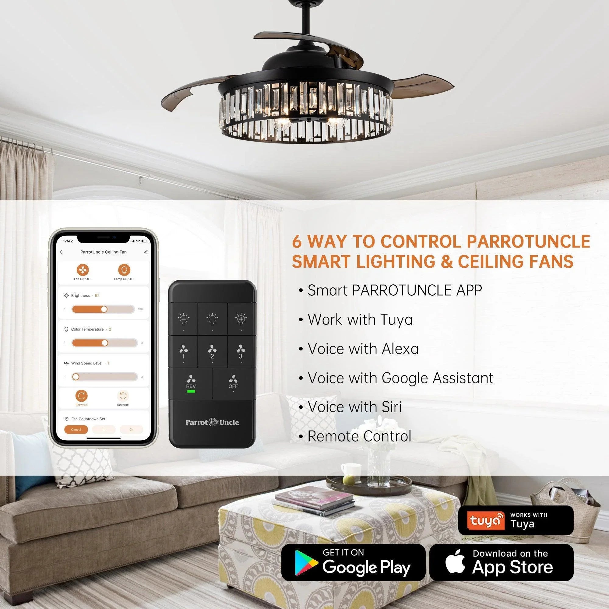 Black 52-inch smart ceiling fan with integrated light and three wooden blades