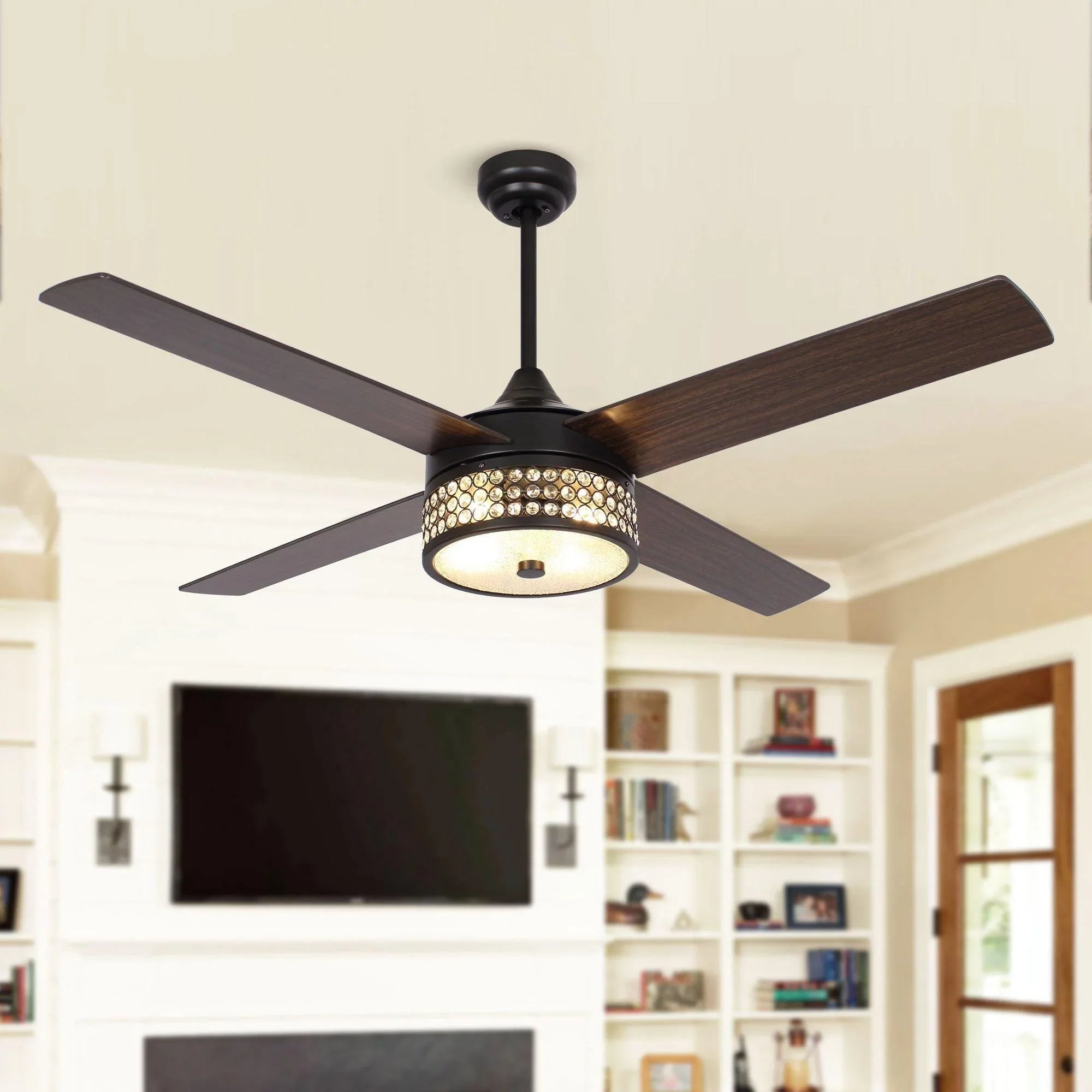 Black ceiling fan with 5 reversible blades and frosted LED light, ceiling-mounted