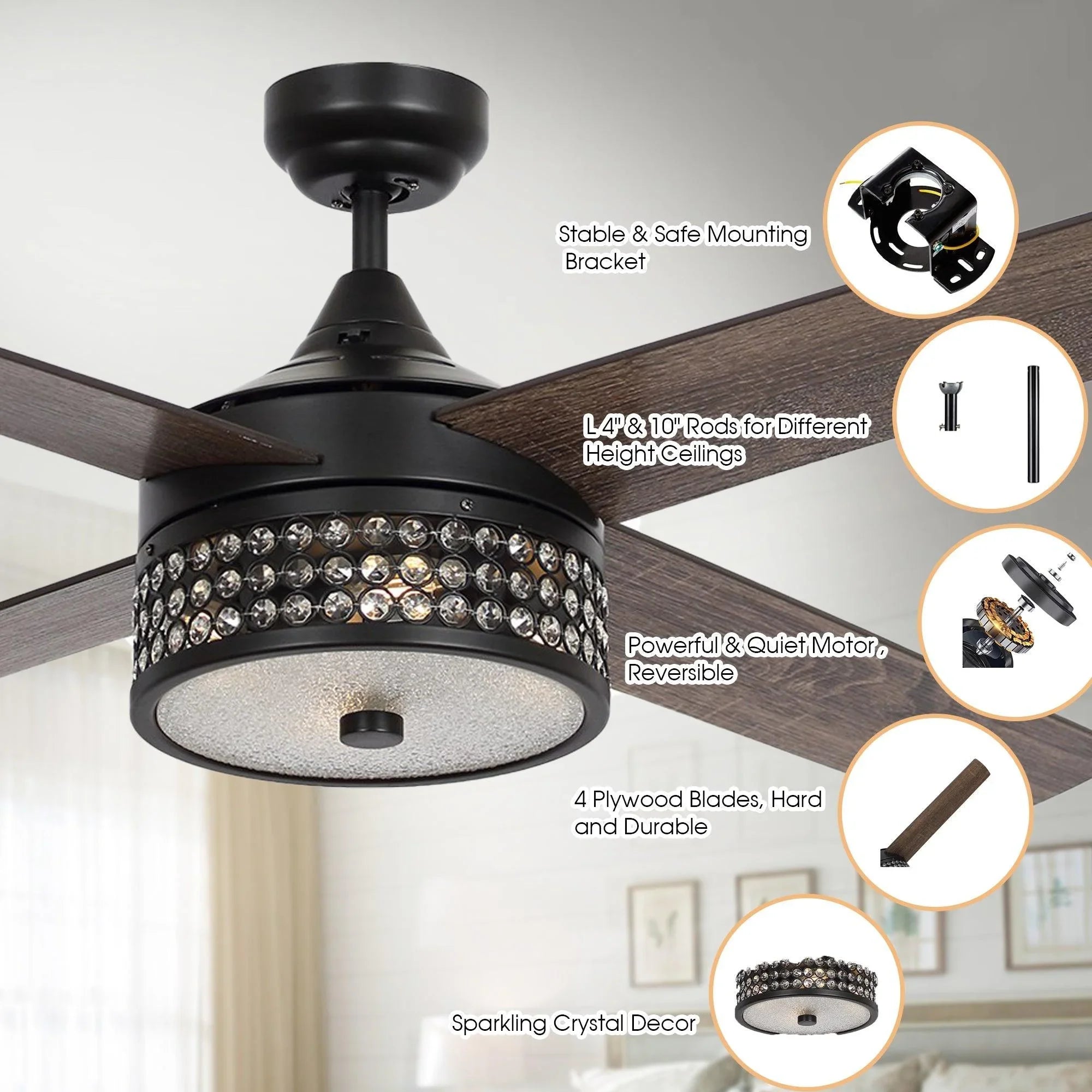 Black ceiling fan with sparkling crystal-style light deco and reversible blade design