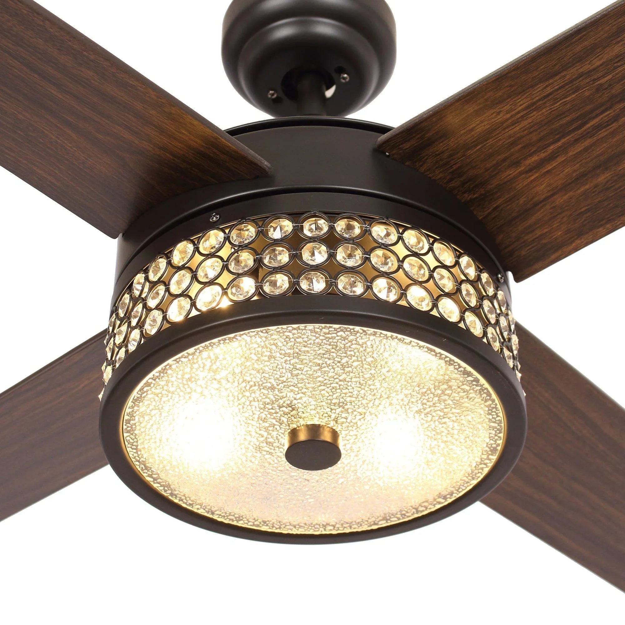 Black ceiling fan LED light fixture with crystal trim and dark wood reversible blades