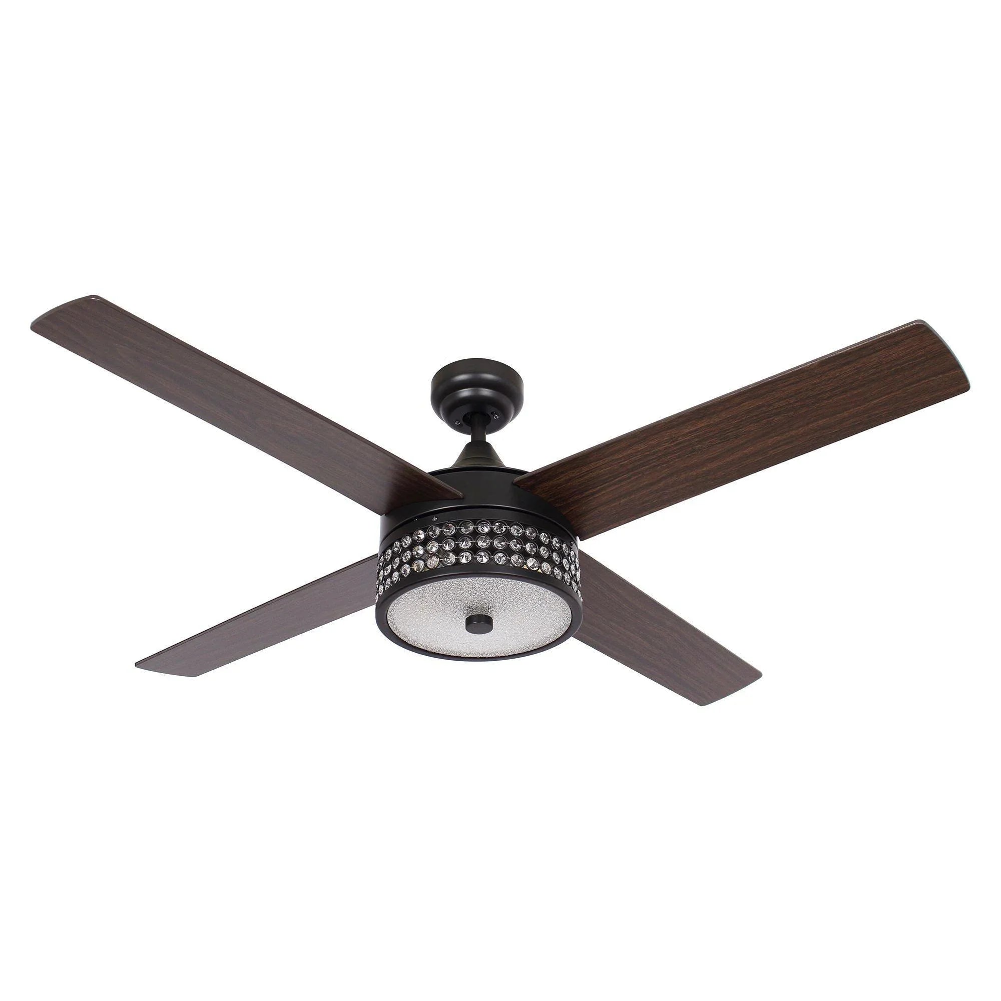 Black flush-mount ceiling fan with crystal light band and dark wood reversible blades