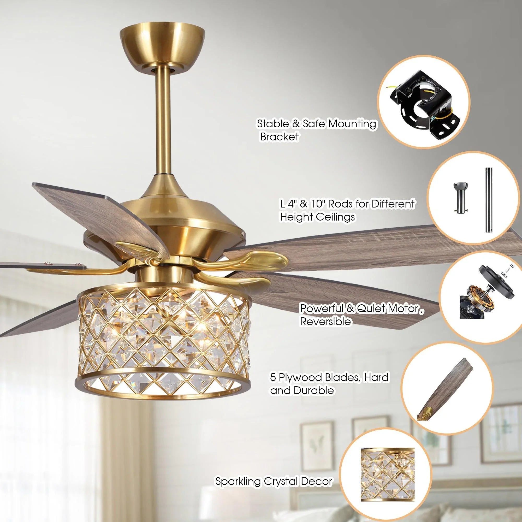 Golden ceiling fan with crystal light shade and reversible dark wood blades