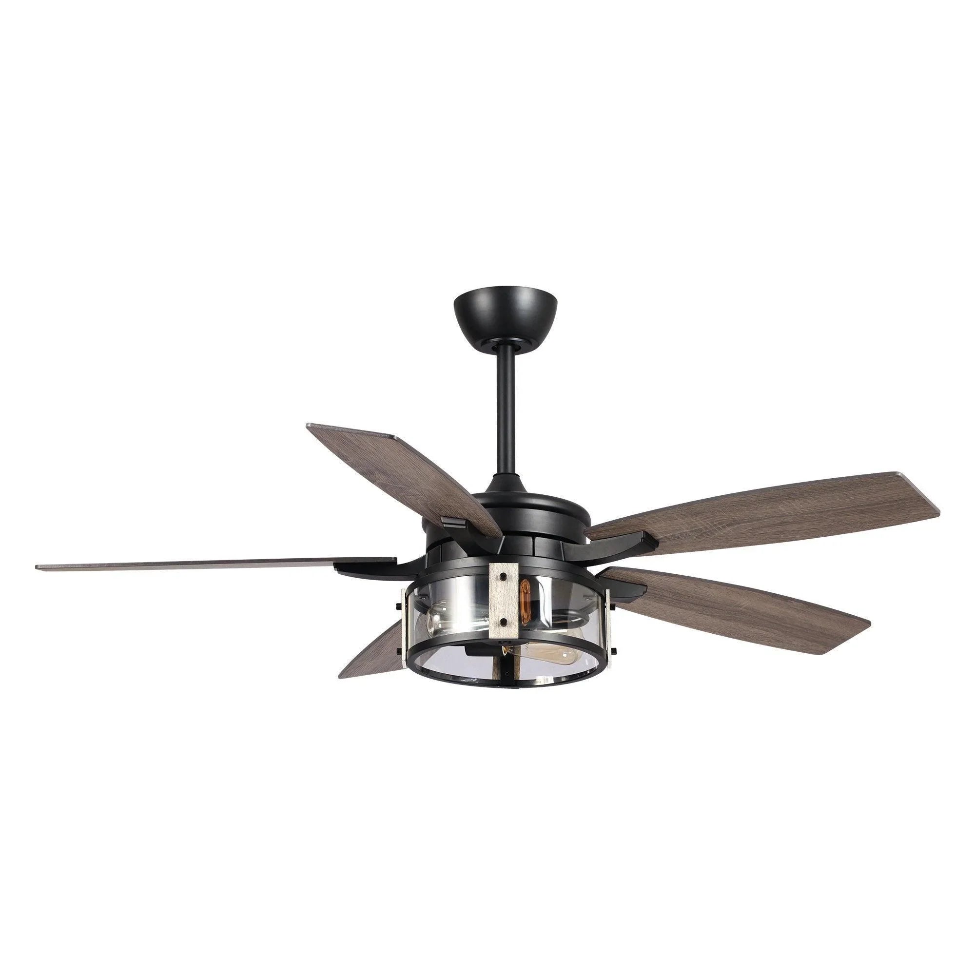 Black ceiling fan with four wood-look reversible blades and lit light fixture