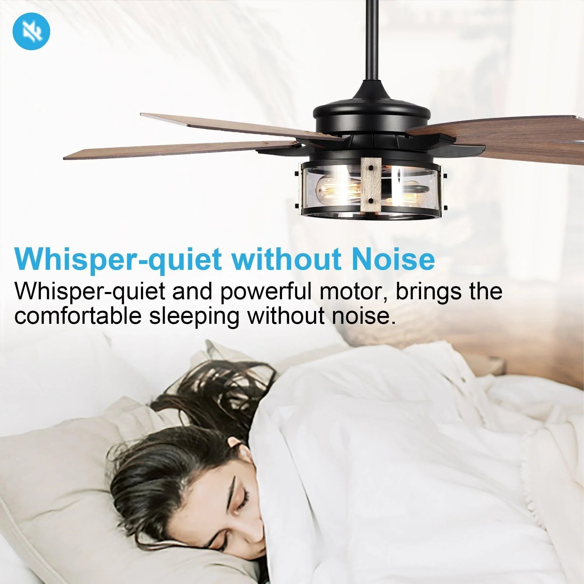 Black farmhouse ceiling fan with light fixture and four wood-tone reversible blades