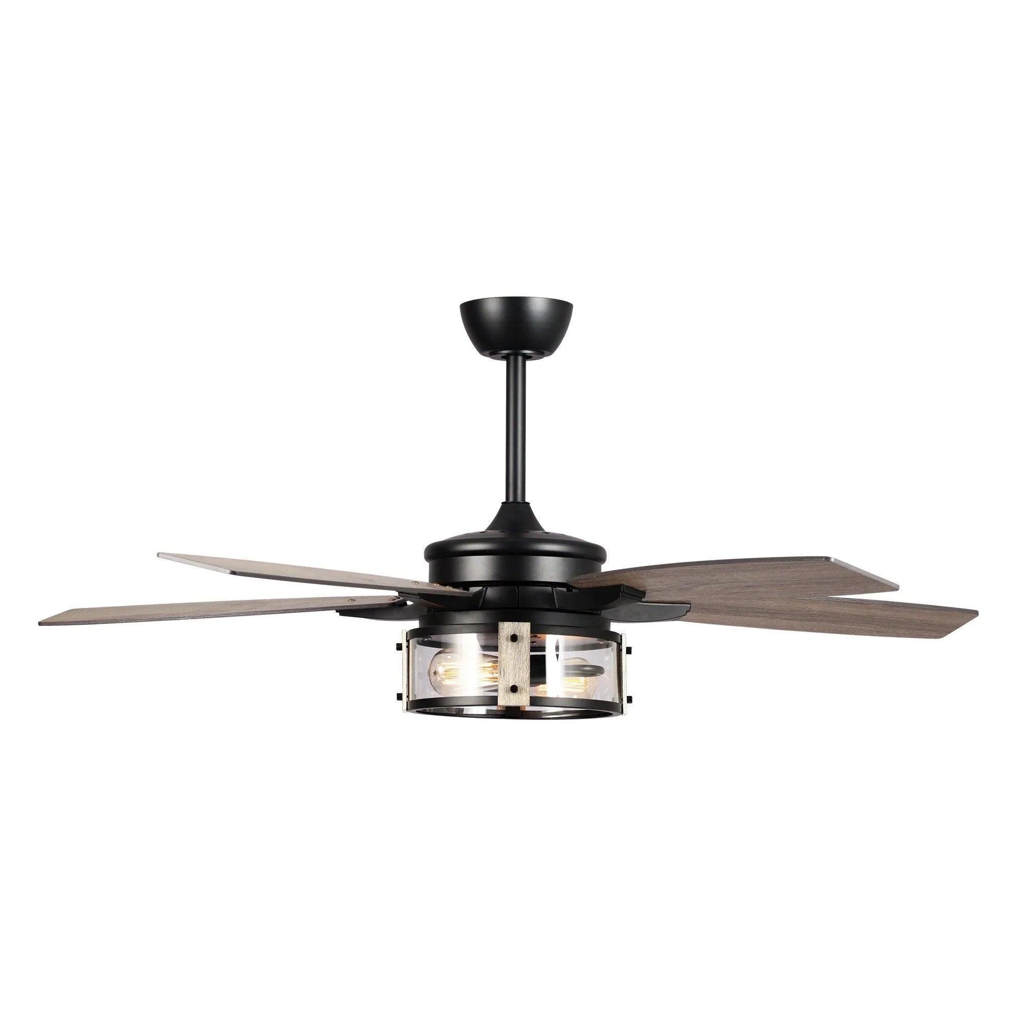 Black ceiling fan with four wood-look blades and integrated light kit