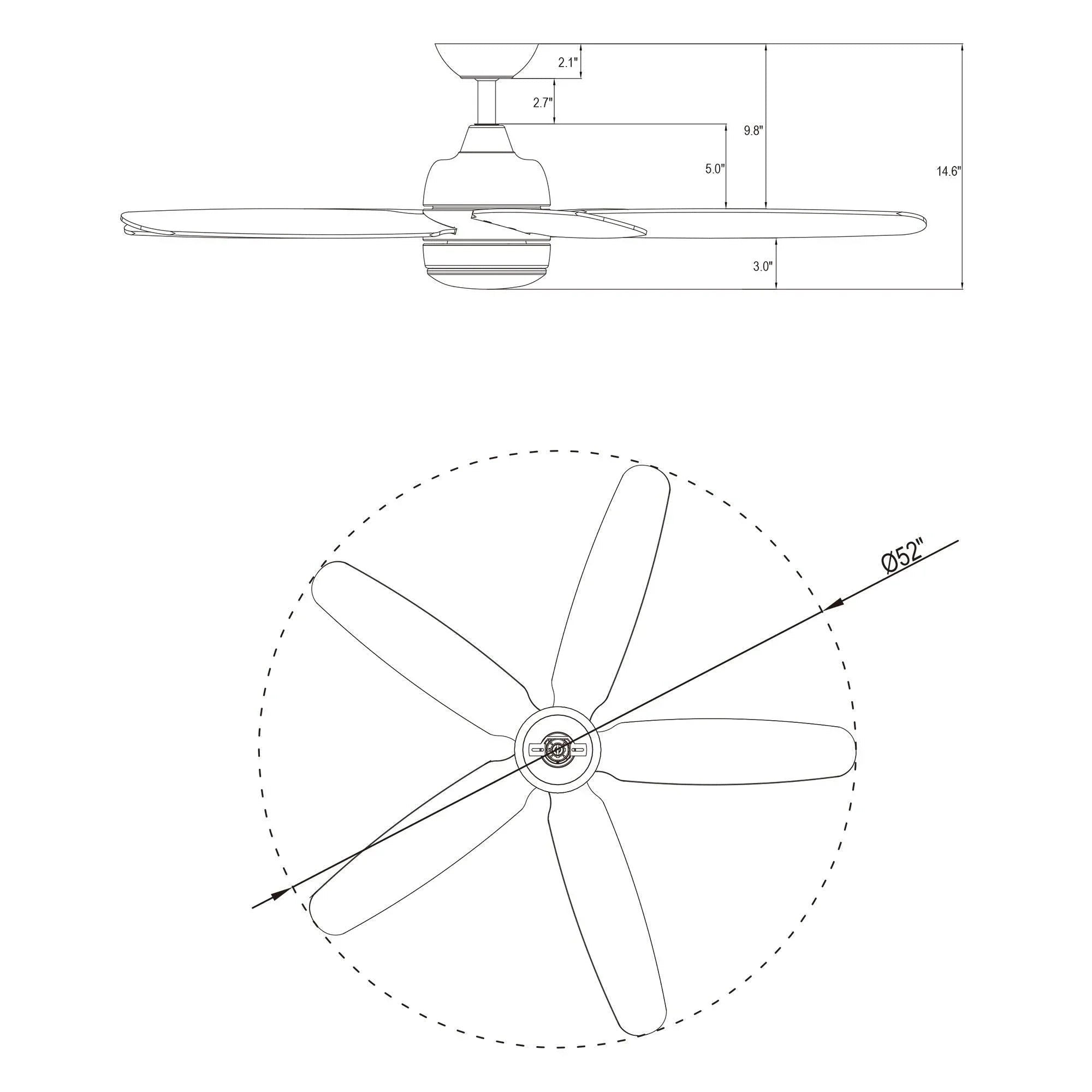 Ceiling fan installation diagram with blade radius and overall measurements