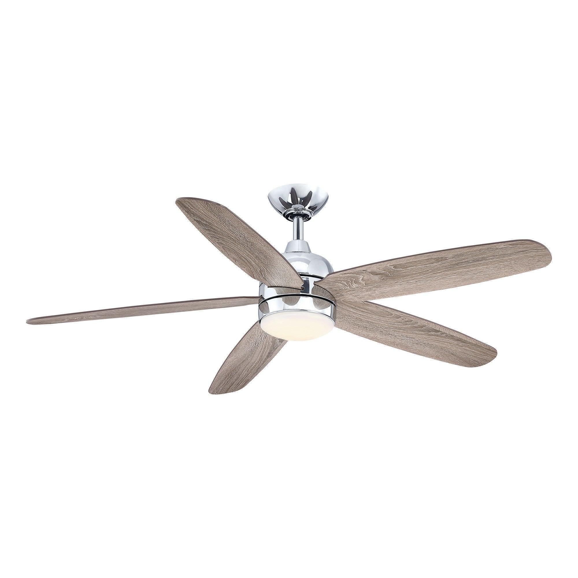 Chrome ceiling fan with five dark wood blades and white-globe light