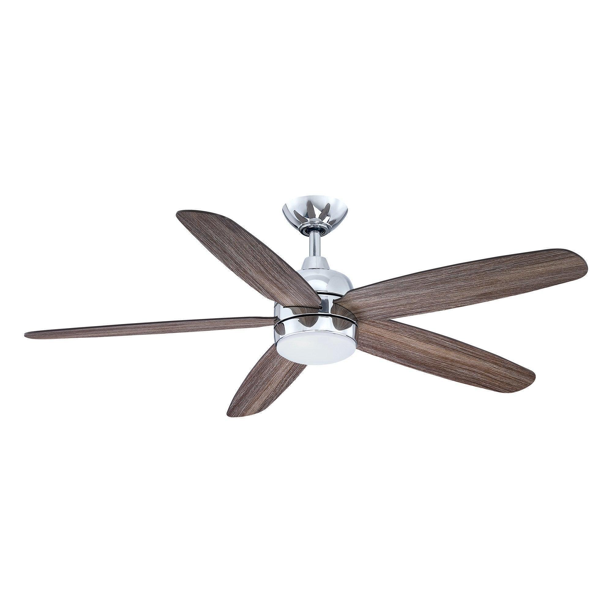 Chrome ceiling fan with five dark wood blades and round white light cover