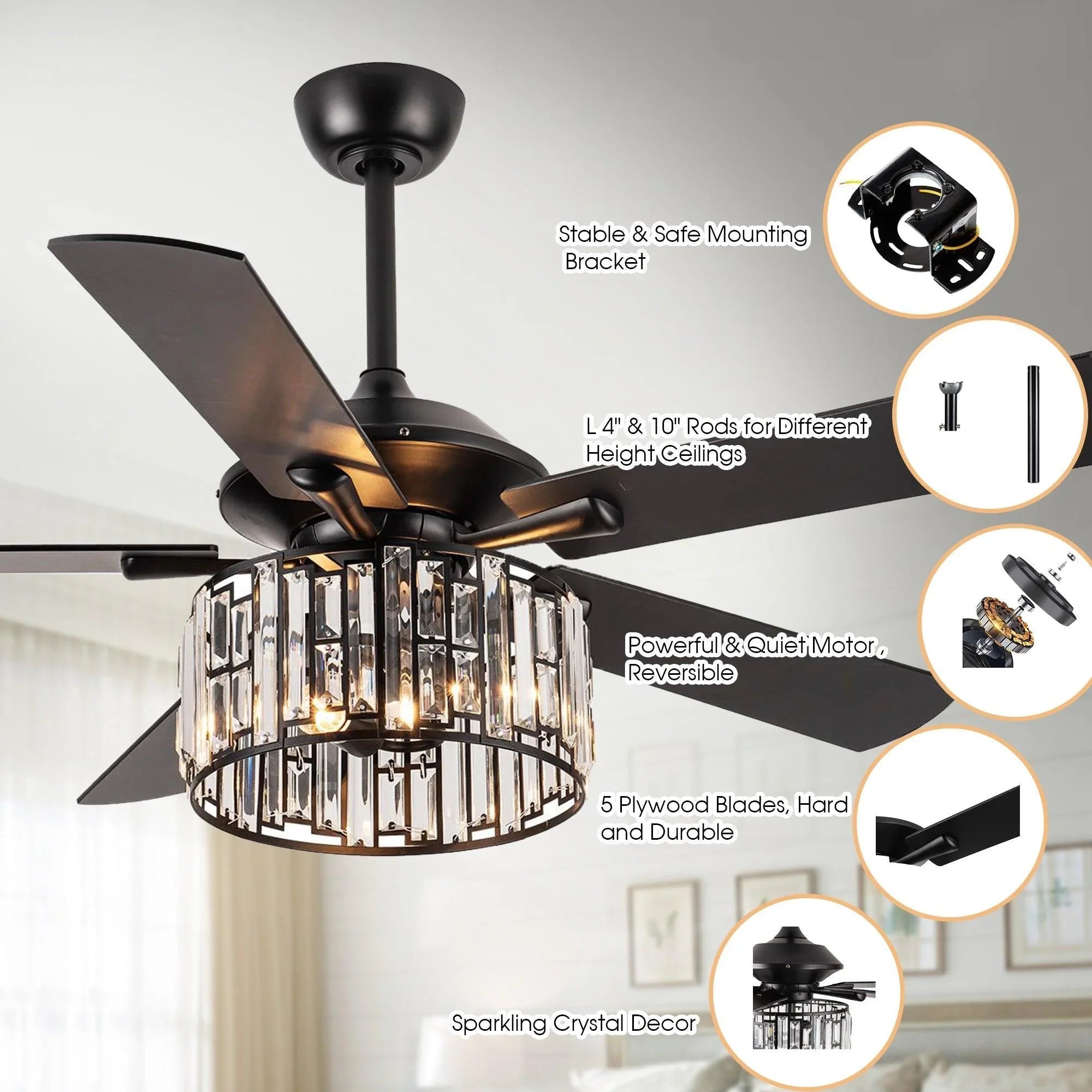 Black ceiling fan with crystal drum light and five dark blades, shown with feature callouts.