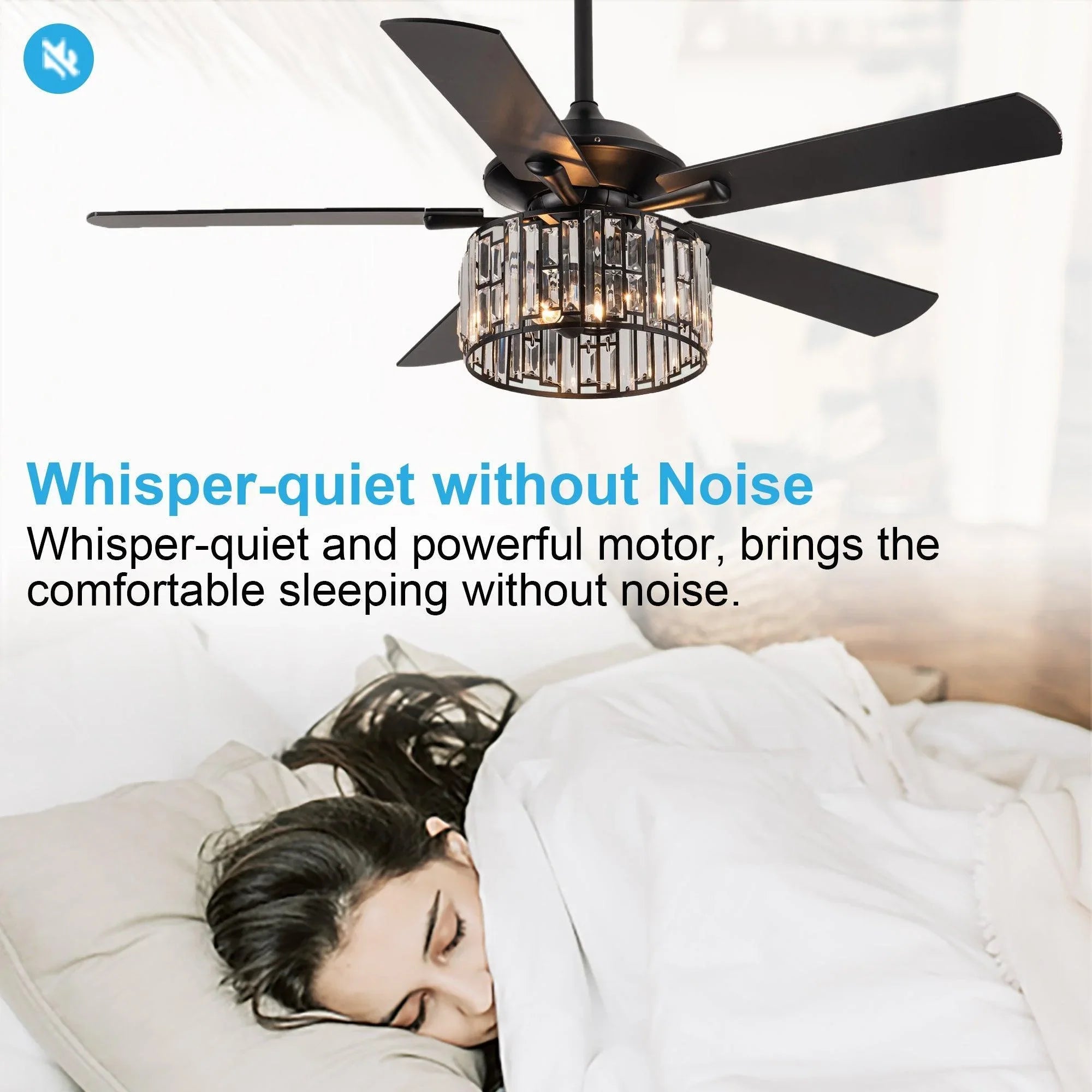 Ceiling fan with dark blades and crystal drum light; top view above a bedroom bed.