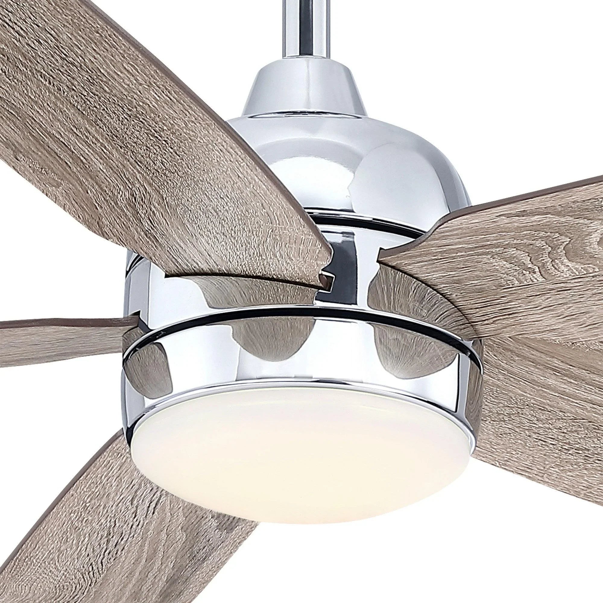 Ceiling fan light kit with chrome housing and round glass diffuser with blade tips