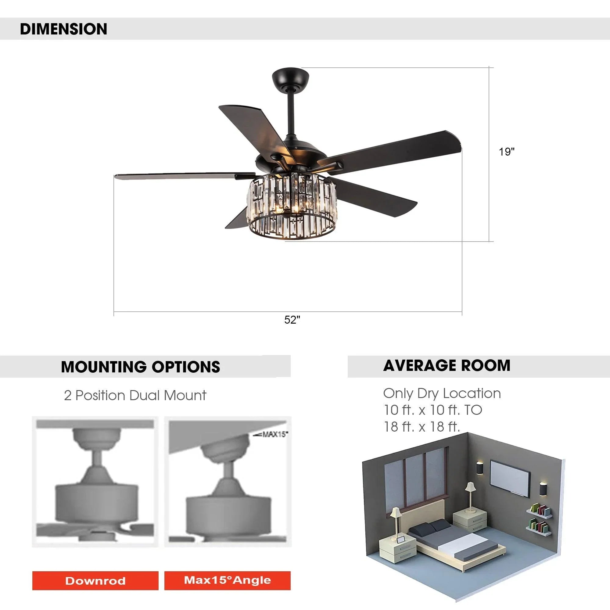 Ceiling fan with dark blades and crystal drum light, shown with size and room layout diagram.