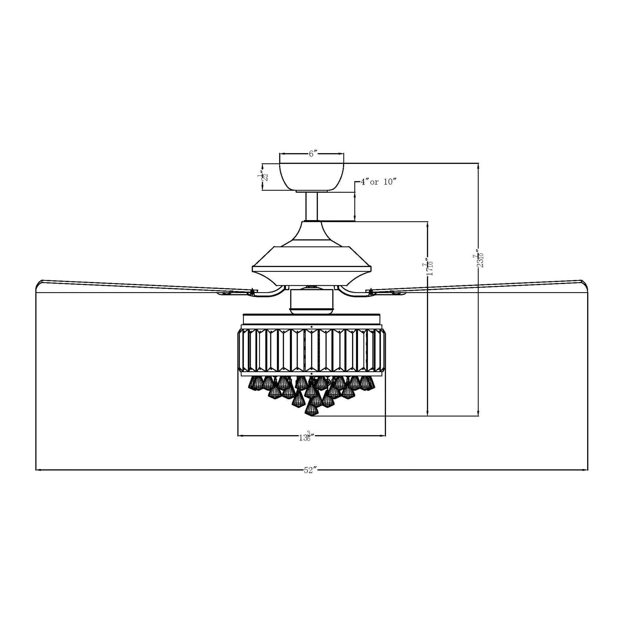 Crystal fandelier ceiling fan line diagram with dimensions and blade span.