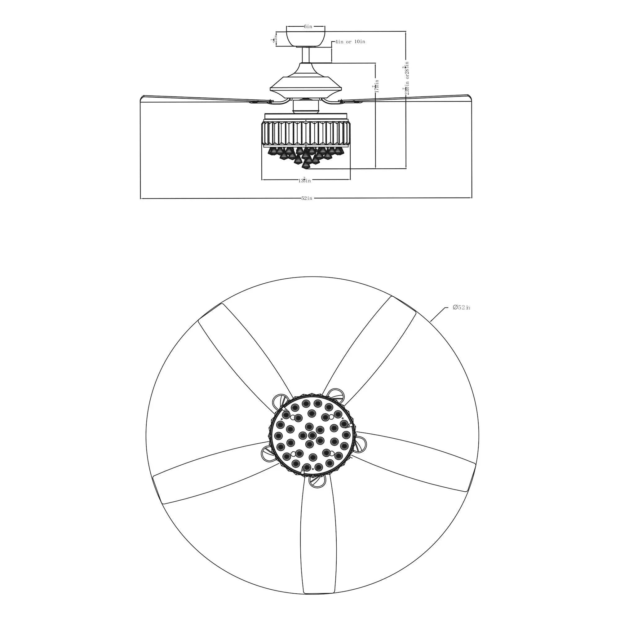 Crystal fandelier ceiling fan line diagram showing top view of crystal light housing.
