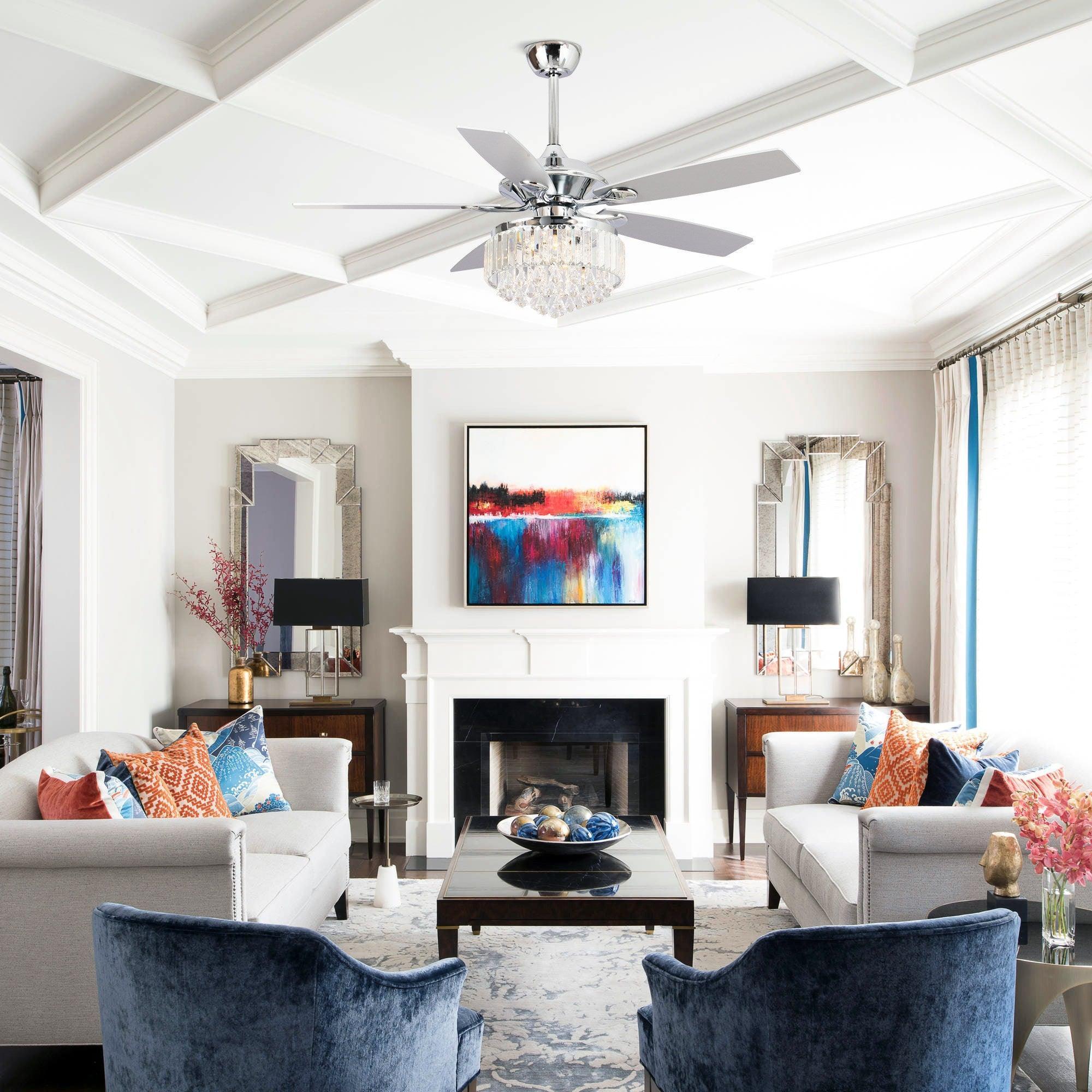 Chrome crystal fandelier ceiling fan with crystal drum shade and four white blades.