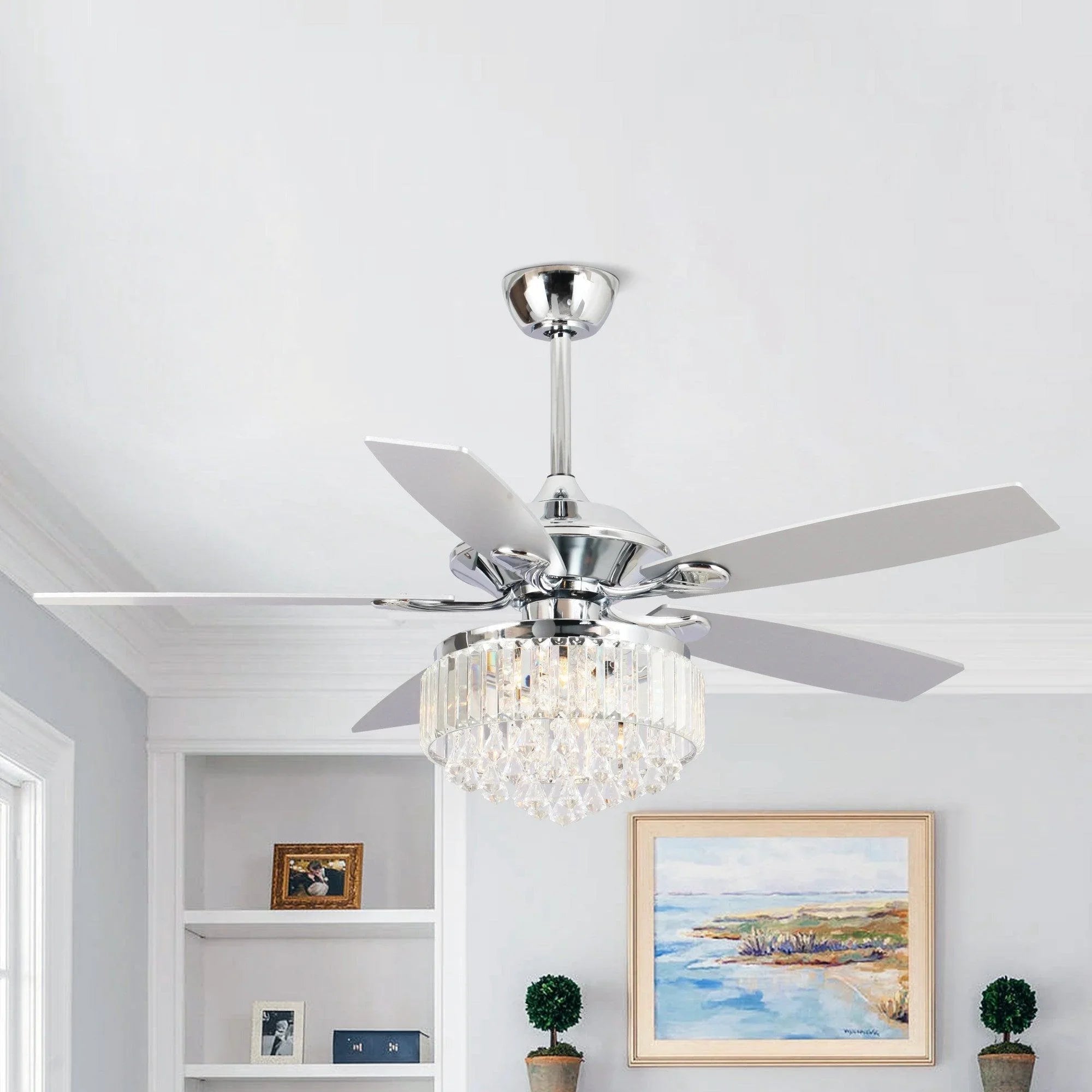 Chrome crystal fandelier ceiling fan with glass-like crystal shade and four white blades.