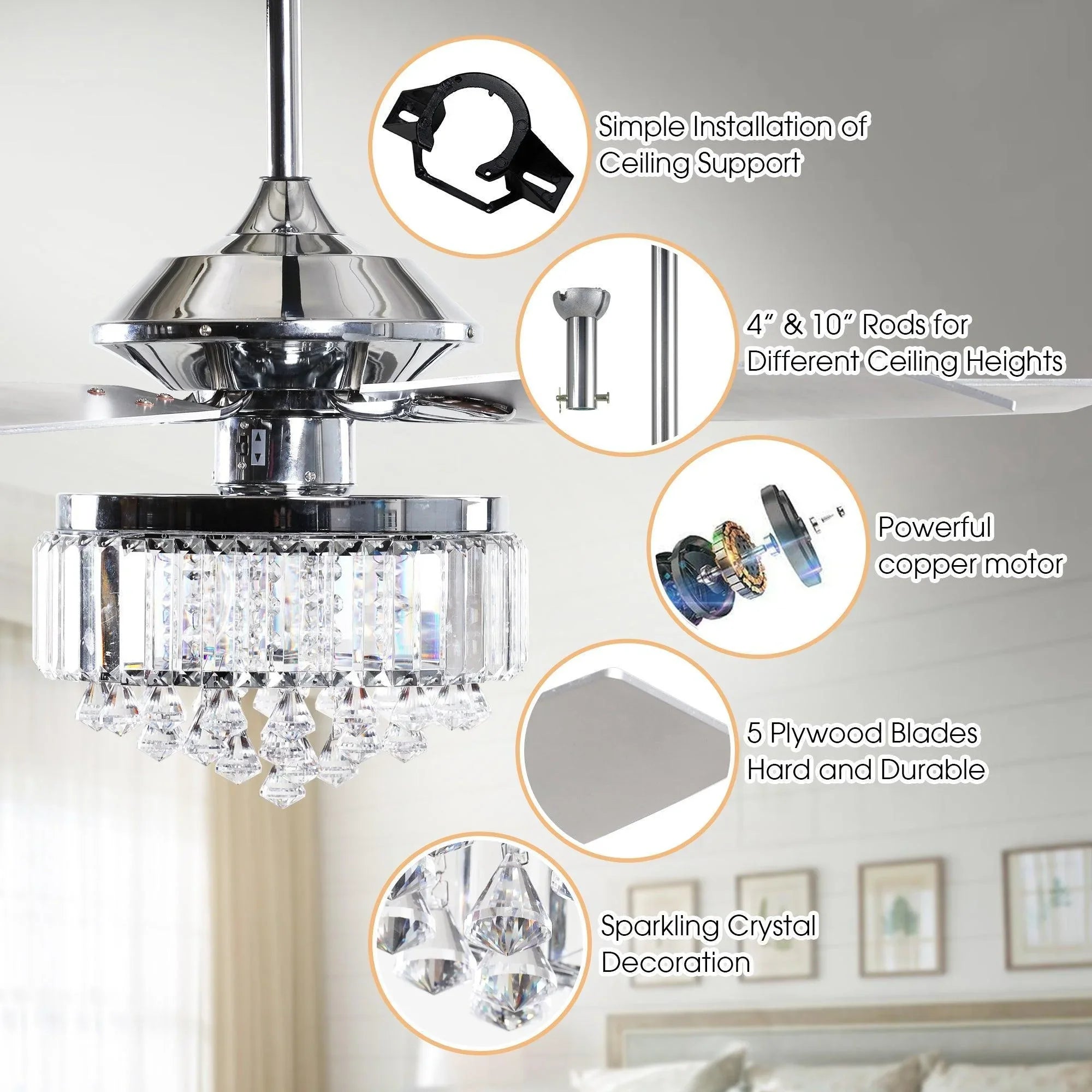 Chrome ceiling fan chandelier with crystal glass prisms and five fan blades