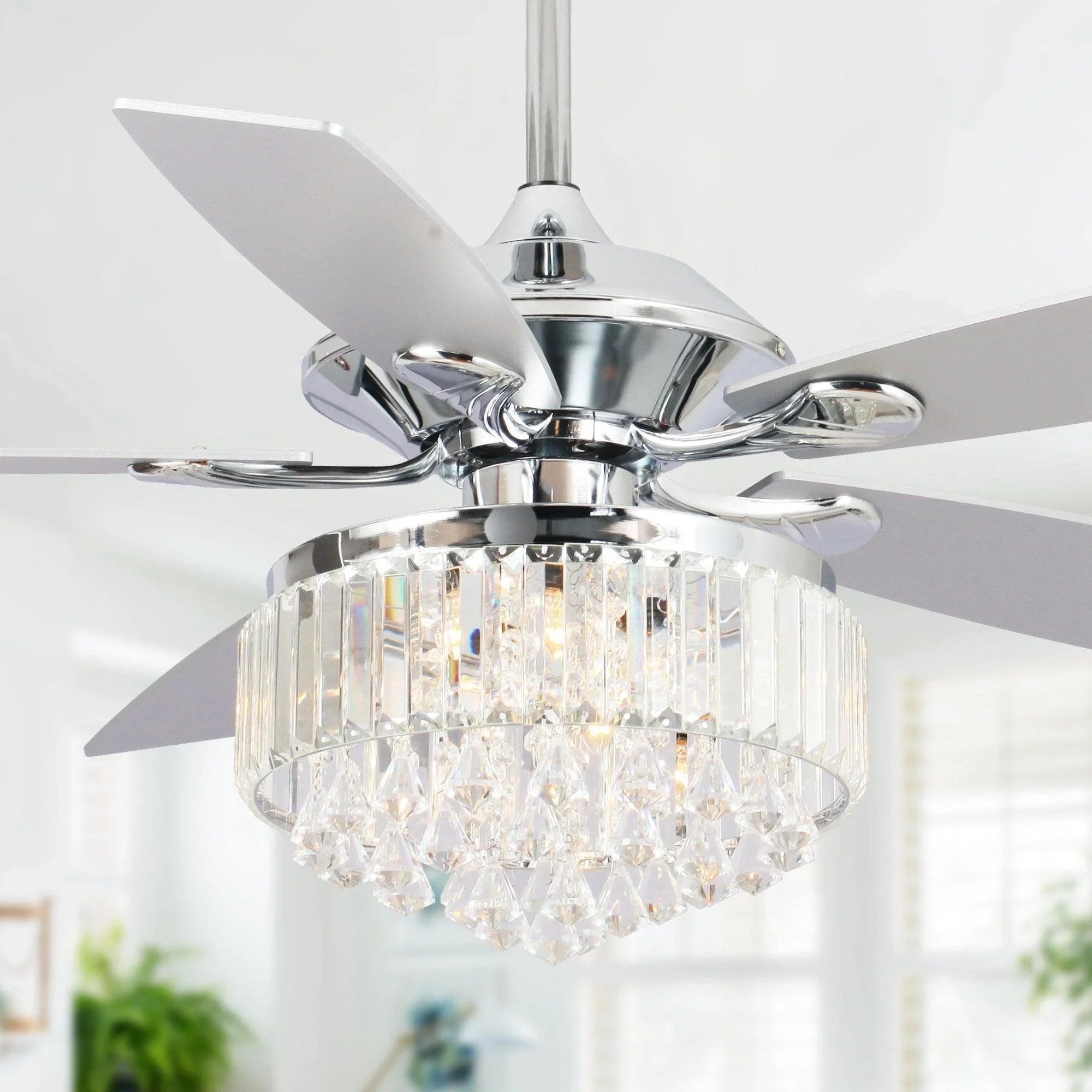 Chrome crystal fandelier ceiling fan with tiered crystal drum and four angled white blades.