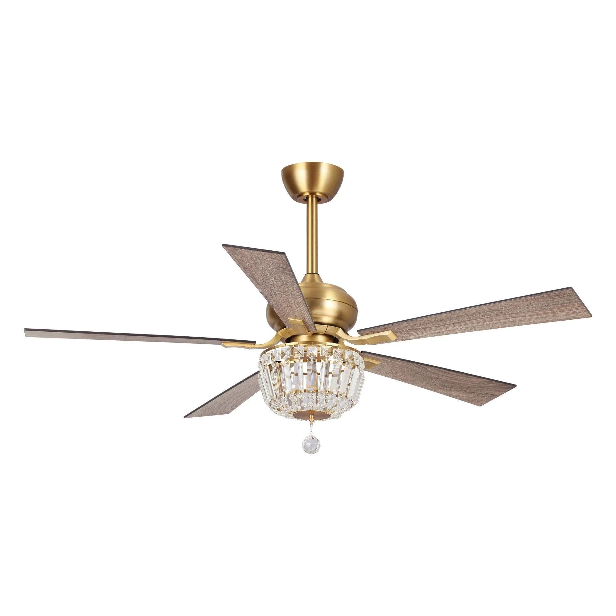 Gold ceiling fan with five blades and crystal globe light fixture