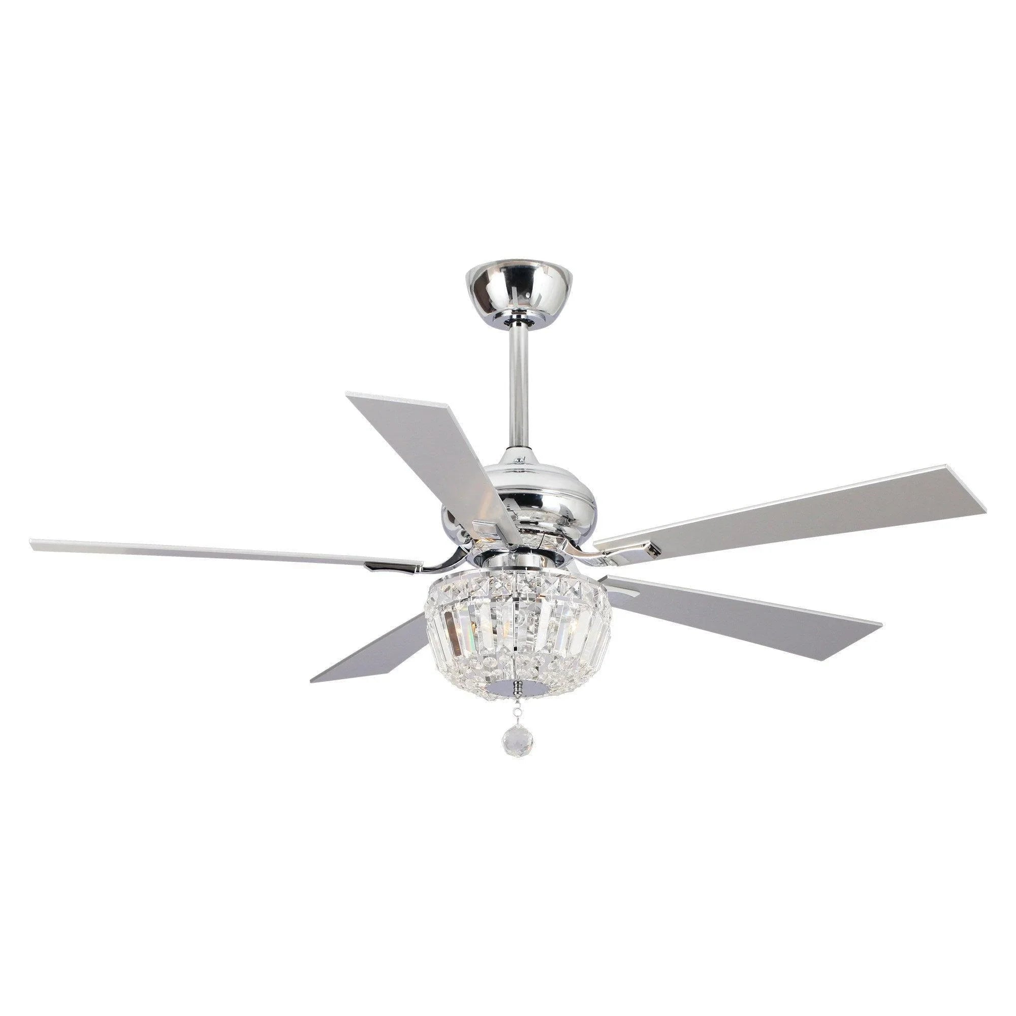 Chrome ceiling fan with five blades and crystal globe light fixture