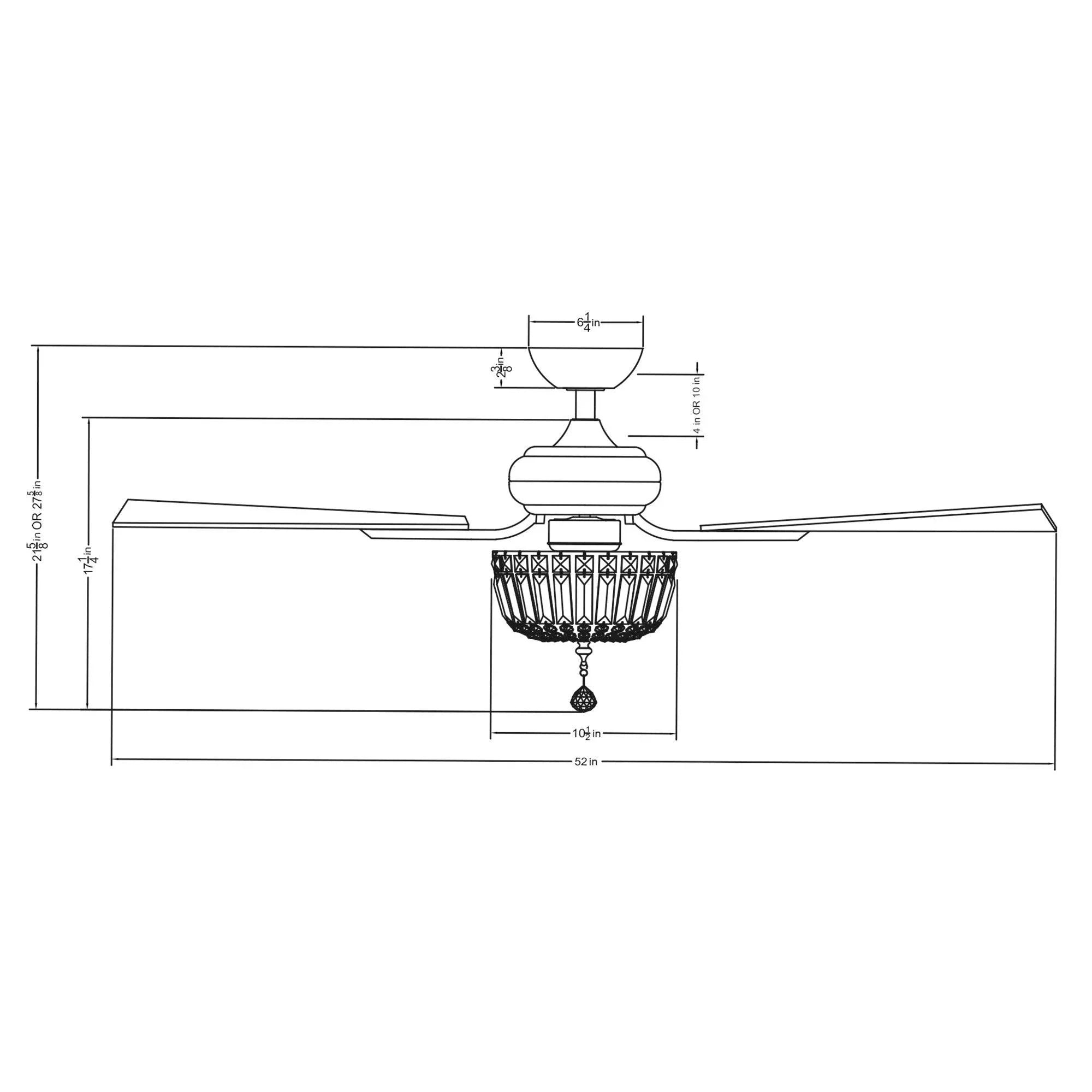 Chrome ceiling fan with crystal light fixture and five reversible blades, size diagram