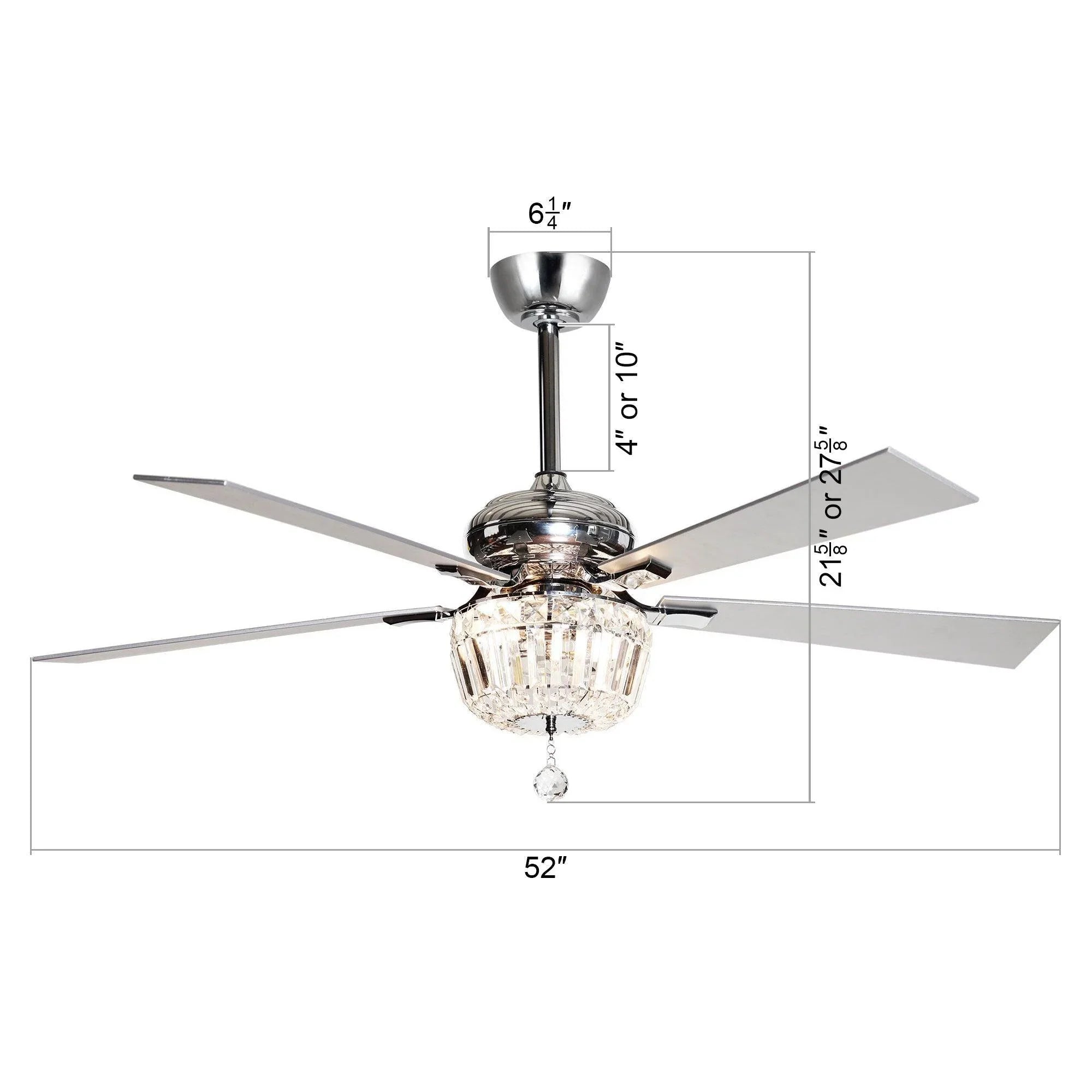 Chrome ceiling fan with crystal light globe and five blades, with dimension lines